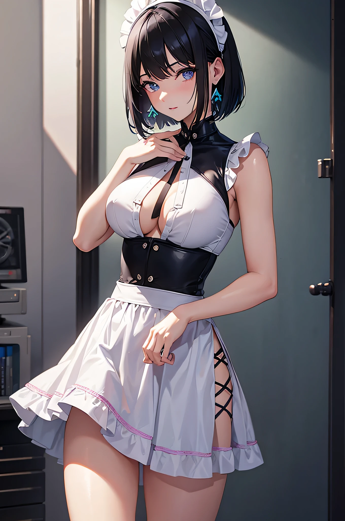 masterpiece, highest qualityの解像度,5000 dpi image,High quality images,1 girl,alone, beautiful face,black bob cut hair, purple eyeliner,look at me,blue eyes,pink lips,wearing earrings,白色のMaid clothes,Maid clothes,masterpiece,HDR,High resolution,highest quality,masterpiece,スタジオlight,Professional,High resolution,highest quality,HDR,light,underboob, shirt,