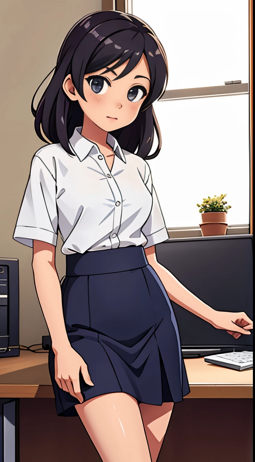 woman working at desk, girl,shortcut、medium long skirt、 美しいアニメのgirl, loose clothing, perfect expression, young slender