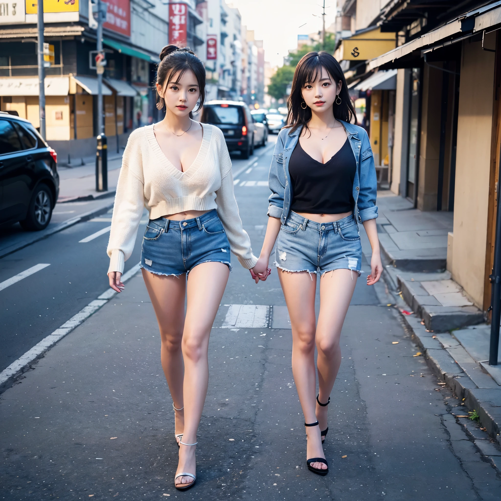 (realistic、Like a photograph、live action、8k, Photoreal, RAW photo, best image quality: 1.4), Single-lens reflex camera、RAW photo, highest quality, realistic, Highly detailed CG Unity 8k wallpaper, Depth of written boundary, cinematic light, Lens flare, ray tracing, realistic background、(denim shorts:1.4、V neck knit sweater、cleavage:1.37、big breasts、abs)、((super dense skin))、 1 girl,cute japanese girl、japanese idol、((full body:1.5)、face forward、looking at the viewer:1.1、random hairstyle:1.2、i like the style、Snazzy、Super detailed、pay attention to details、long hair、hair arrangement、hair up、wearing high heels、beautiful detailed earrings、perfect costume、(white skin)、(I can see the whole body)、beautiful feet:1.1,walking down the street