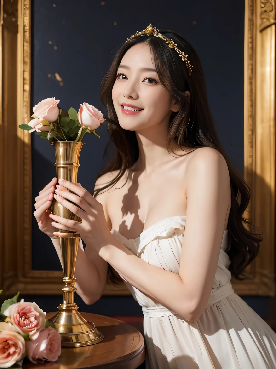 full body portrait or statue、Vigée Leblanc style、math、astronomical machine、astronaut、roses in vase、fruit、Cute trinkets、smile、ancient greek costume、Sandro Botticelli paintings、Costume that stretches your shoulders、A big smile、expression of ecstasy、sexy、beautiful bare skin、Detailed representation of the seducing woman throughout the body
