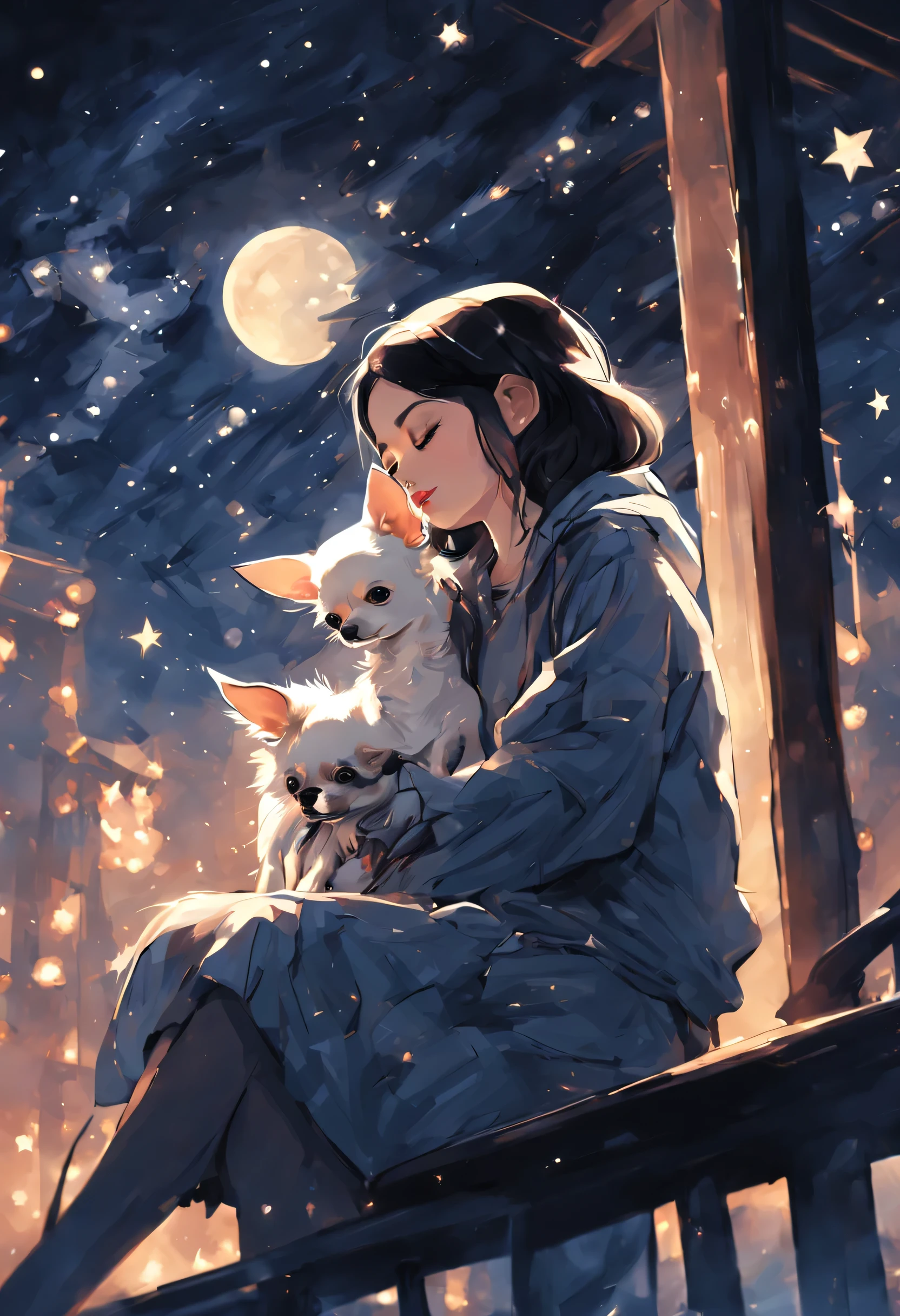 A beautiful woman with a short cut is alone,A white smooth chihuahua and a black tan long coat chihuahua are sitting on the lap and looking at the night sky.,beautiful night view,twinkling stars,artistic illustration,