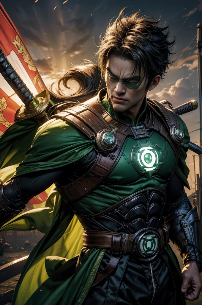 (a detailed scene,highres,realistic),Green Lantern as a traditional samurai, Heraldry banner on his back, Defeating oni foes, Sword and powers, Feudal Japan backdrop, Classic samurai armor, Dramatic lighting, Vibrant colors.