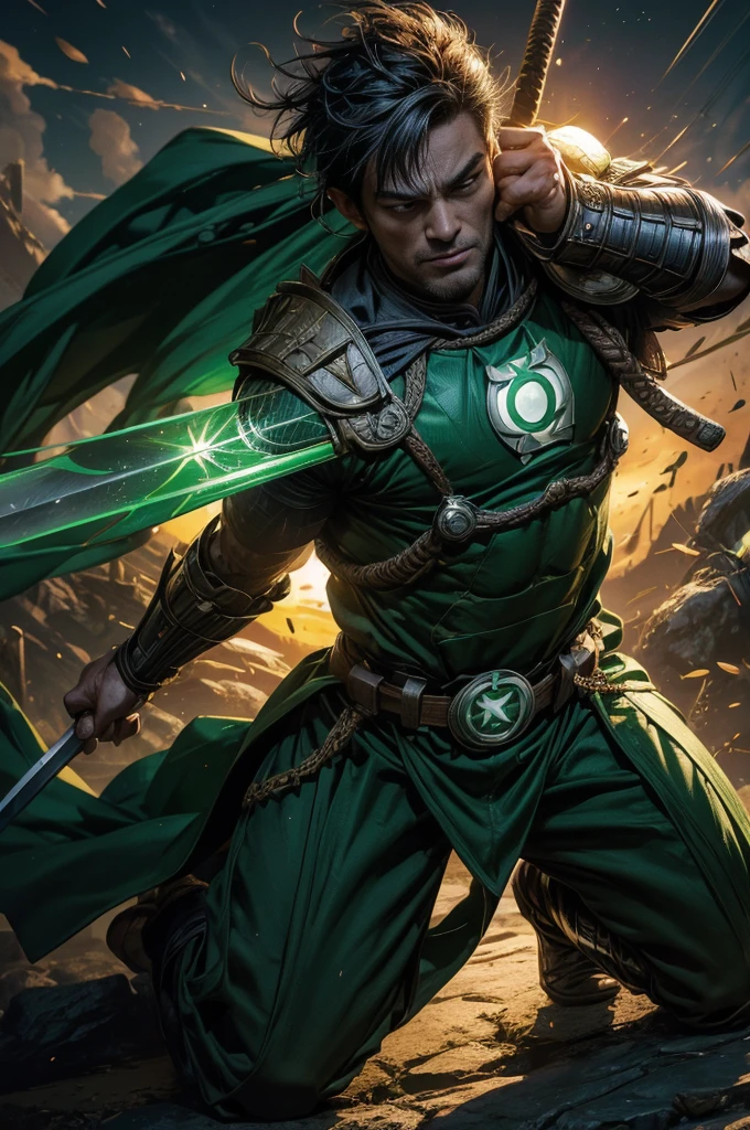 (a detailed scene,highres,realistic),Green Lantern as a traditional samurai, Heraldry banner on his back, Defeating oni foes, Sword and powers, Feudal Japan backdrop, Classic samurai armor, Dramatic lighting, Vibrant colors.