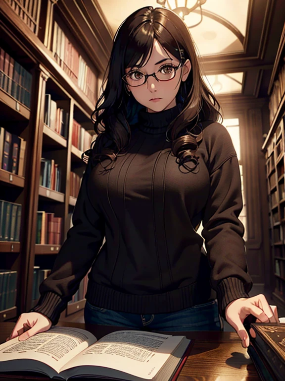 (extremely detailed 8k wallpaper), dark theme, Vampire the Masquerade, modern horror, 2020s, teenage woman, chubby, red wool sweater, round nerd glasses, reading red cover book, sharp focus, (subsurface scattering:1.1), award-winning photograph, centered face, half-body photo:1.1, long dark brown tangled curly hair, brown eyes:1.2, curious expression, old library interior, dramatic lighting