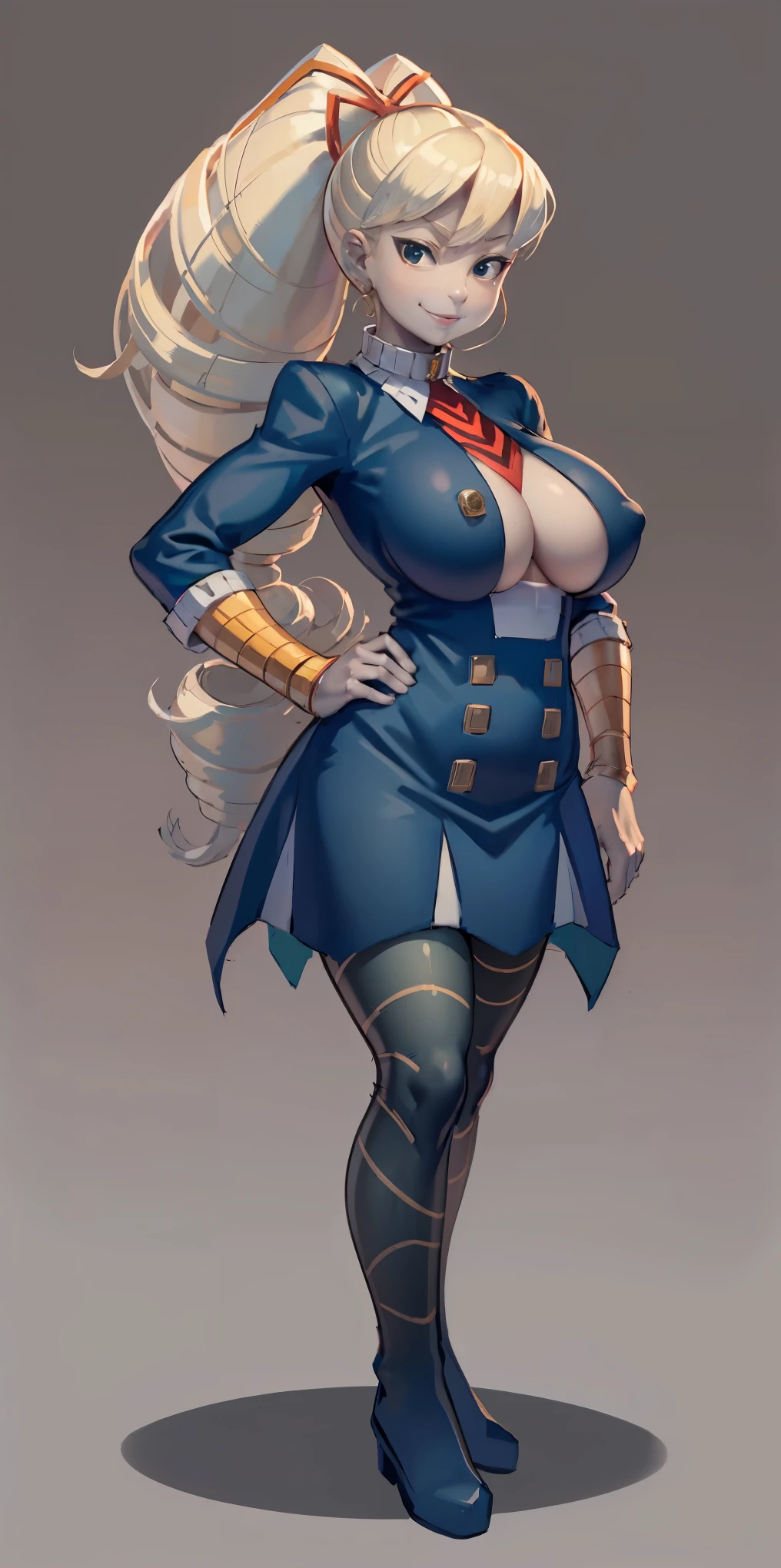 full body standing straight symmetrical, huge boob(masterpiece, best quality:1.2), cowboy shot, solo, 1MILF, mmplatz, smile, looking at viewer, hands on hips, twintails, twin drills, dress, blue pantyhose, striped pantyhose, Handcuffs on their hands, With a collar around the neck