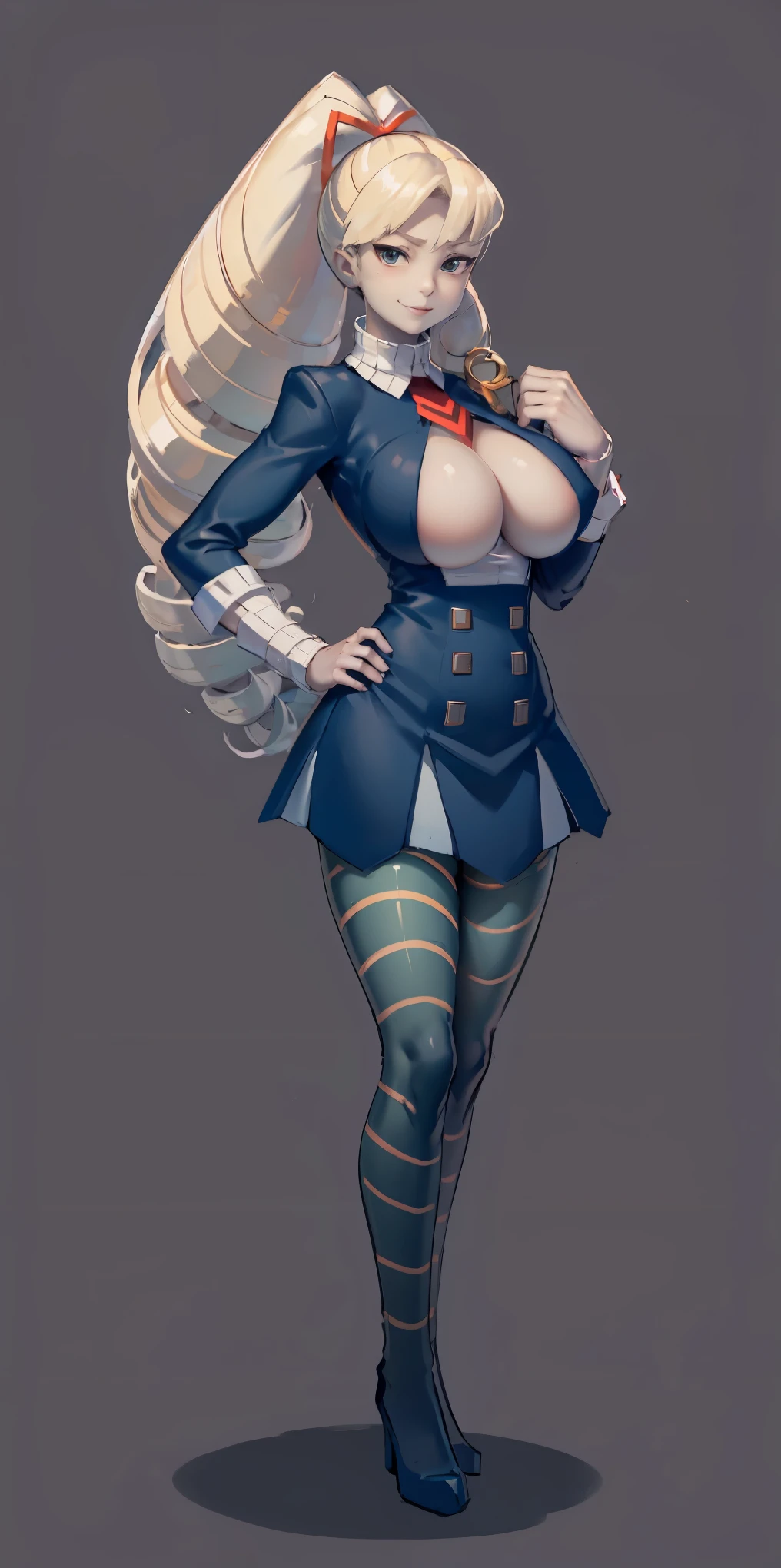 full body standing straight symmetrical, huge boob(masterpiece, best quality:1.2), cowboy shot, solo, 1MILF, mmplatz, smile, looking at viewer, hands on hips, twintails, twin drills, dress, blue pantyhose, striped pantyhose, Handcuffs on their hands, With a collar around the neck