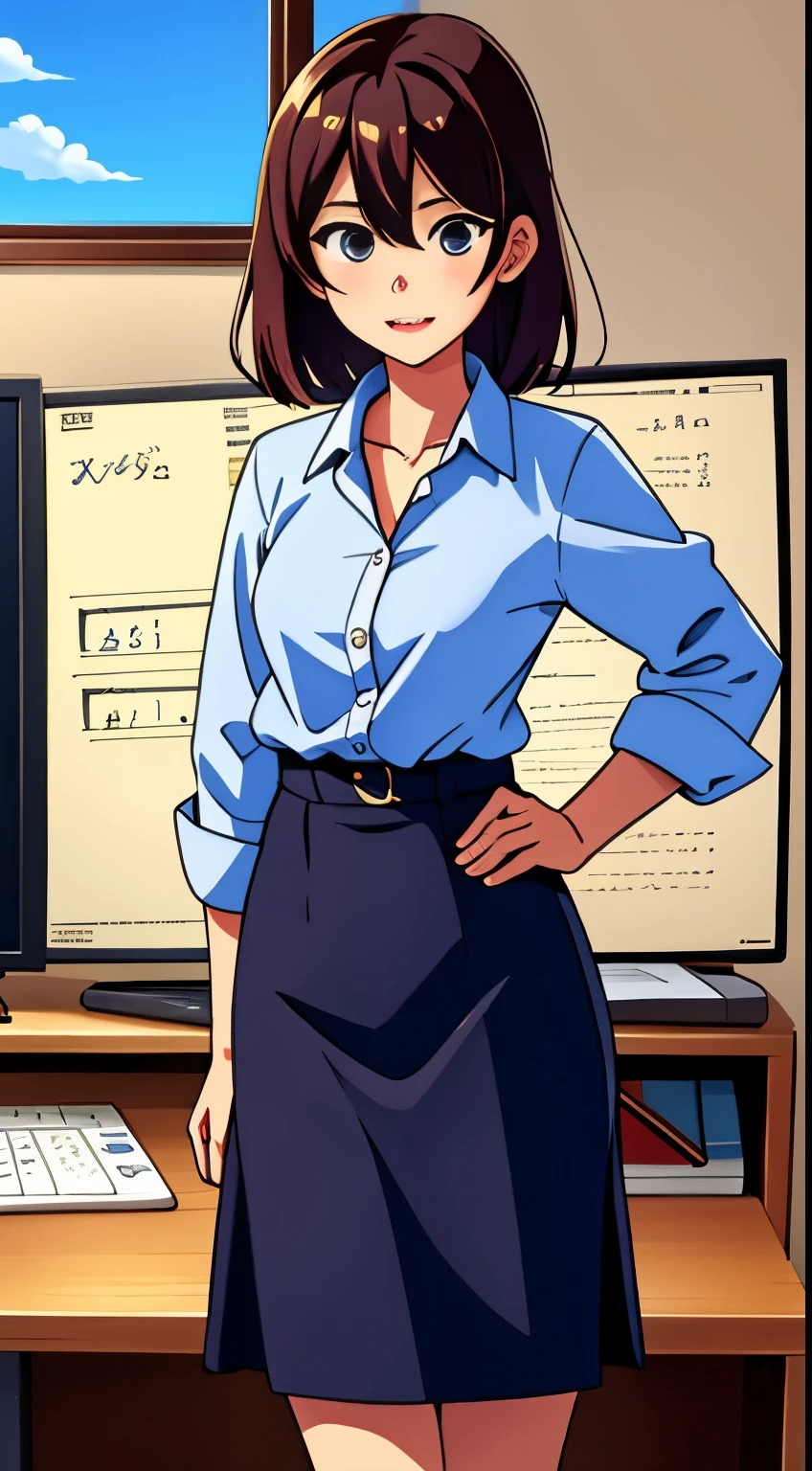 woman working at desk, girl,shortcut、medium long skirt、 美しいアニメのgirl, loose clothing, perfect expression, young slender