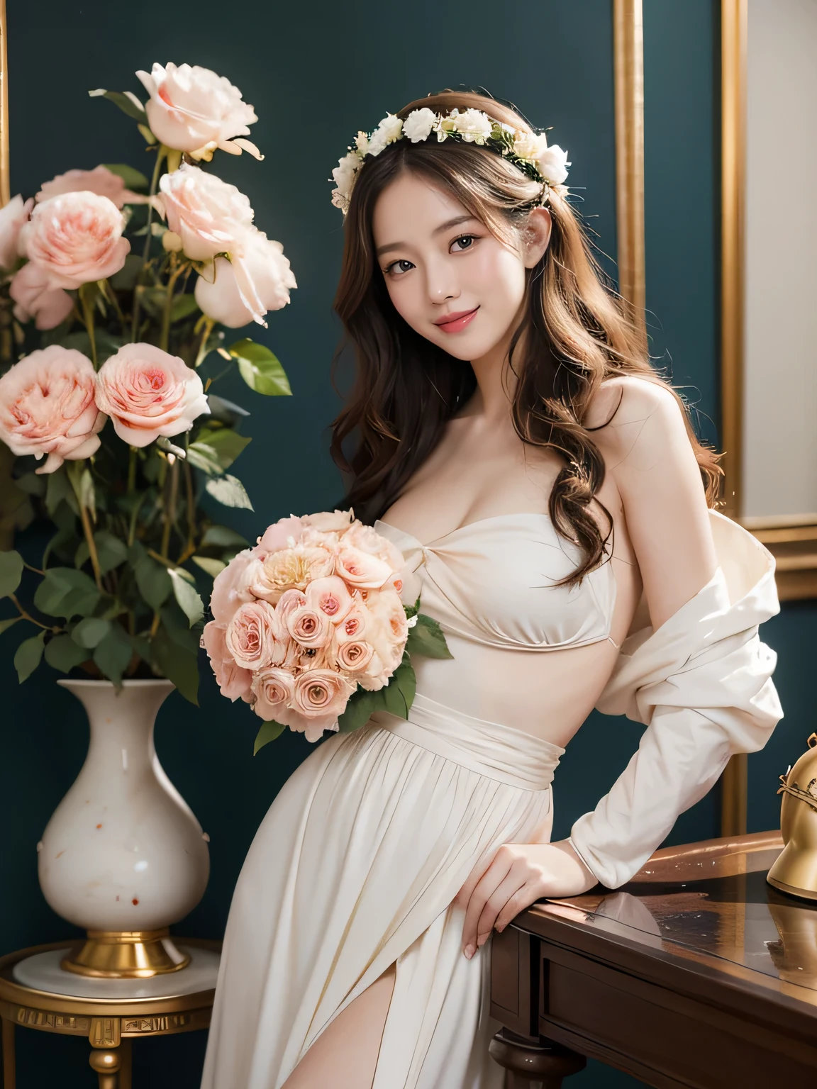 full body portrait or statue、Vigée Leblanc style、math、astronomical machine、astronaut、roses in vase、fruit、Cute trinkets、smile、ancient greek costume、Sandro Botticelli paintings、Costume that stretches your shoulders、A big smile、expression of ecstasy、sexy、beautiful bare skin、Detailed representation of the seducing woman throughout the body 