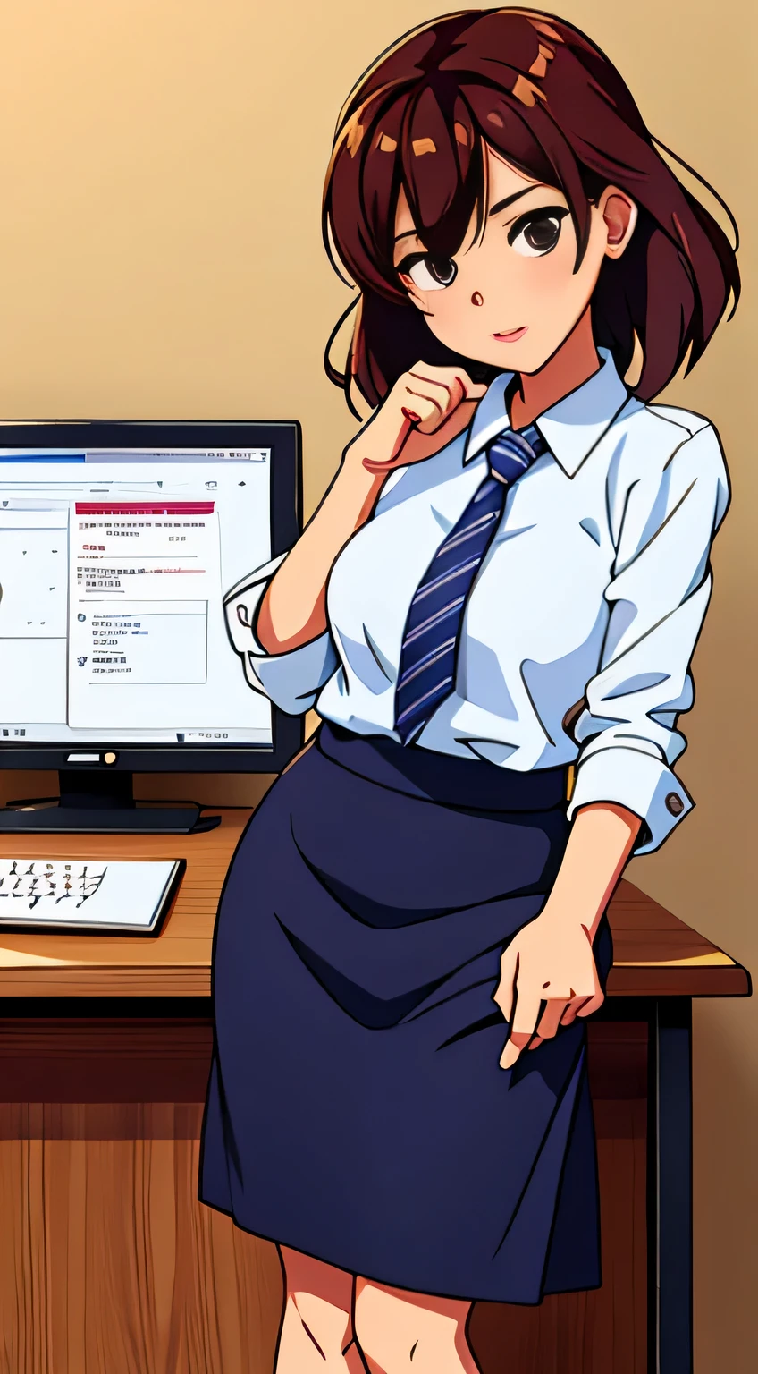 woman working at desk, girl,shortcut、medium long skirt、 美しいアニメのgirl, loose clothing, perfect expression, young slender