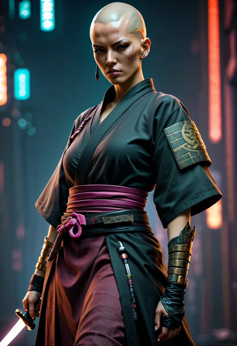 Samurai sword,sh4g0d style cyberpunk female warrior,bald,monk,bushido,robe