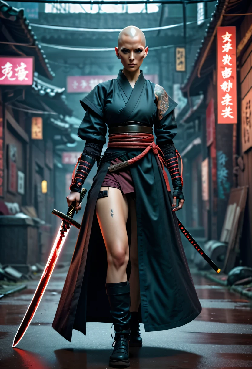 Samurai sword,sh4g0d style cyberpunk female warrior,bald,monk,bushido,robe