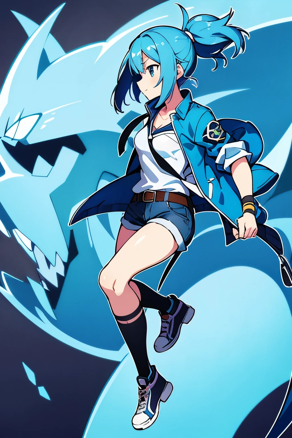 Drawing of a girl with blue hair and a blue jacket, rimuru, 2 d anime style, profile shot of rimuru tempest, rimuru tempest, 2 D Anime, Fubuki, full face shot of rimuru tempest, short hair, Anime girl with teal hair, 2d art, 2 d art, Ponytail Girl, Blue tie, White shirt, Indigo Jacket, Brown belt at waist, full body illustration, she wear blue jeans.