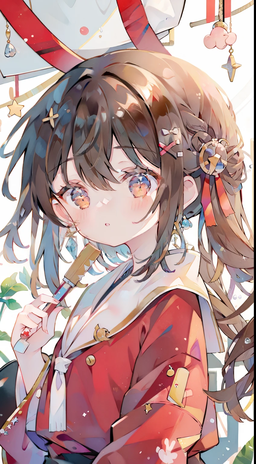 one girl、brown hair、one knot、red ribbon on head、cute、masterpiece、best image quality、highest quality、ribbon background、one piece