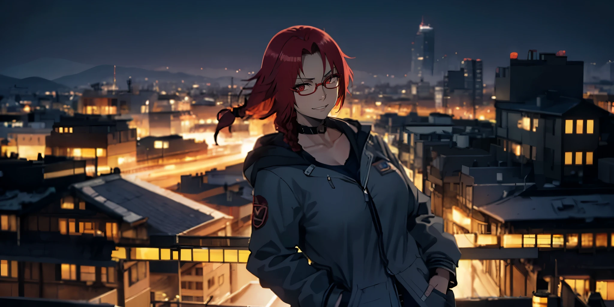 iris, red hair, long hair, braid, red eyes, anatomically correct, best quality, masterpiece, high quality, high details, highres, HD, (shaded face:1.2), hollow eyes, blue eyes, looking at viewer, gloom (expression), makeup, lips, glasses, scrunchie, solo, 1girl, blue_eyes, black_hair, hands_in_pockets, huge breasts, night, choker, looking_at_viewer, collarbone, sidelocks, bangs, hair_between_eyes, braid, blurry, hand_in_pocket, breasts, solo, hood, cityscape, building, city_lights, city

