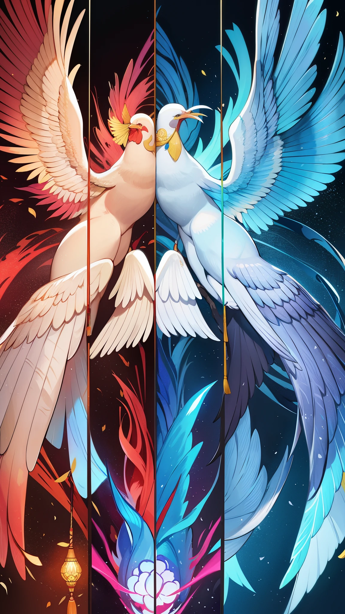 Phoenix、legendary bird of chinese mythology、It is a spiritual bird。The head is a chicken、The nod is a swallow、The neck is a snake、The back of a turtle、the tail is a fishで、The colors are black, white, red, blue, and yellow.、The height is said to be about six feet.[1]。『Sankai Sutra』「Nanzan Sutra」Well then鶏に似ており、On the neck「virtue」、on the wings「righteous」、on the back「Thank you」、in my chest「Benevolence」、On the belly「letter」It was said that there was a crest of。Later Han dictionary『Explain words』Well then、Kou in front、After that, Rin、The neck is a snake、the tail is a fish、The color is red、The mouth is a duck、The pattern is a dragon、The back of a tiger、The nod is a swallow、The chicken is a chickenと記された。Established during the Southern Dynasty『Song Shu』巻二十八志第十八Well then、head of snake、The nod is a swallow、The back of a turtle、Belly is a tortoise、The neck is a crane、The chicken is a chicken、The front part is kono、the tail is a fishに似ており、head is blue（green）、It is said that the wings are lined up。With Kirin, Reiki, and Oryu「four spirits」、Phoenixの別名としては、Unsaku、skylark、Ye Lulang、Huoli、five spirits、Benevolence智禽、Tanzan Hermit、long distance、friend、There are Akeoka Koji etc.。黄鳥・狂鳥・孟鳥・夢鳥などもPhoenixと同一とする説もある
