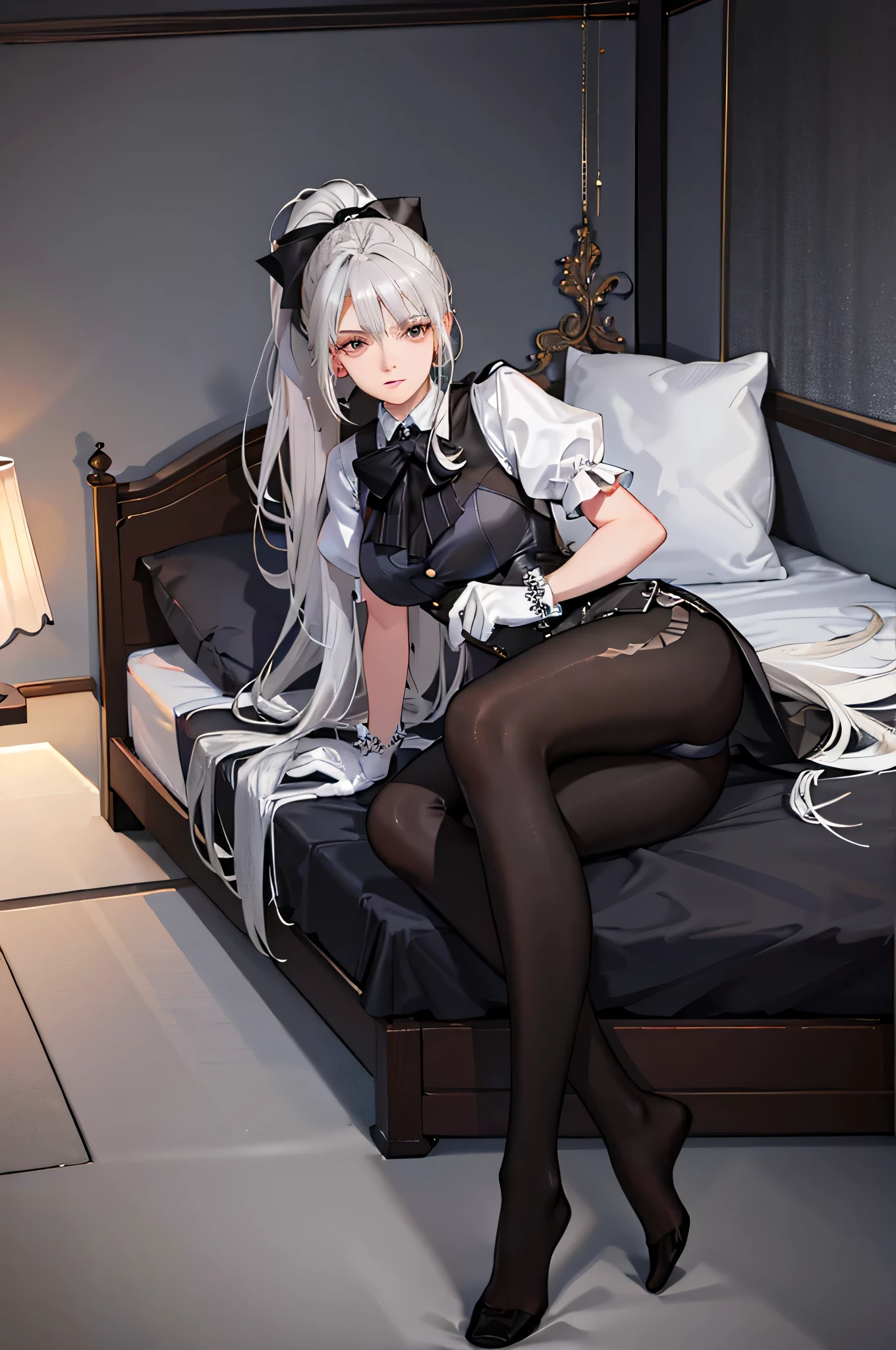 1 girl! Ray tracing, Best shadows, high resolution (dim lights) Detailed background (bedroom) (fluffy silver hair, plump slim girl) (high ponytail) restlessly in the bedroom, avoid blonde eyes (Wearing exquisitely embroidered black high-waisted pants,Paired with leggings and white ruffled bow gloves), Show off your exquisite figure and graceful curves, Correct positioning of limbs! sitting on bed, Exquisite facial features! Pay attention to the details of the leg position! Pay attention to finger details! high quality! more qualified! Reduce errors! Super detailed CG, This picture is more reasonable.