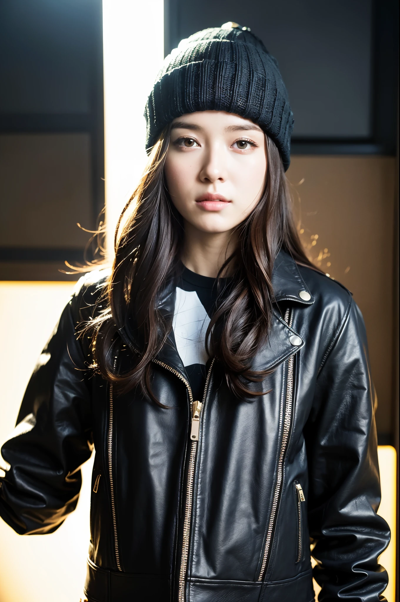 (
(8k:1.27), best quality, masterpiece, ultra highres:1.2) Photo of Pretty Japanese woman
(beautiful:1.1) (sci-fi warrior woman:1.1) space soldier, (beanie:1.61) (leather jacket:1.21) intricate elegant, fantasy, detailed, ometric by greg rutkowski and alphonse mucha, gradient lighting