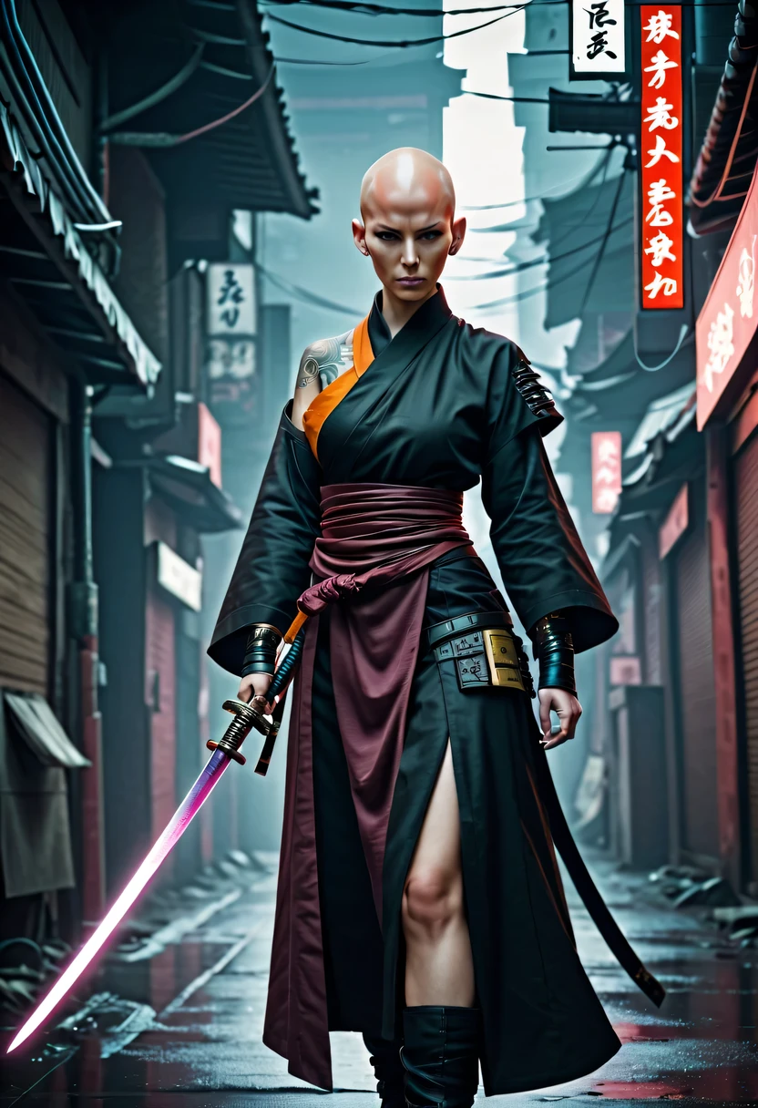 Samurai sword,sh4g0d style cyberpunk female warrior,(bald,monk:1.2),bushido,robe