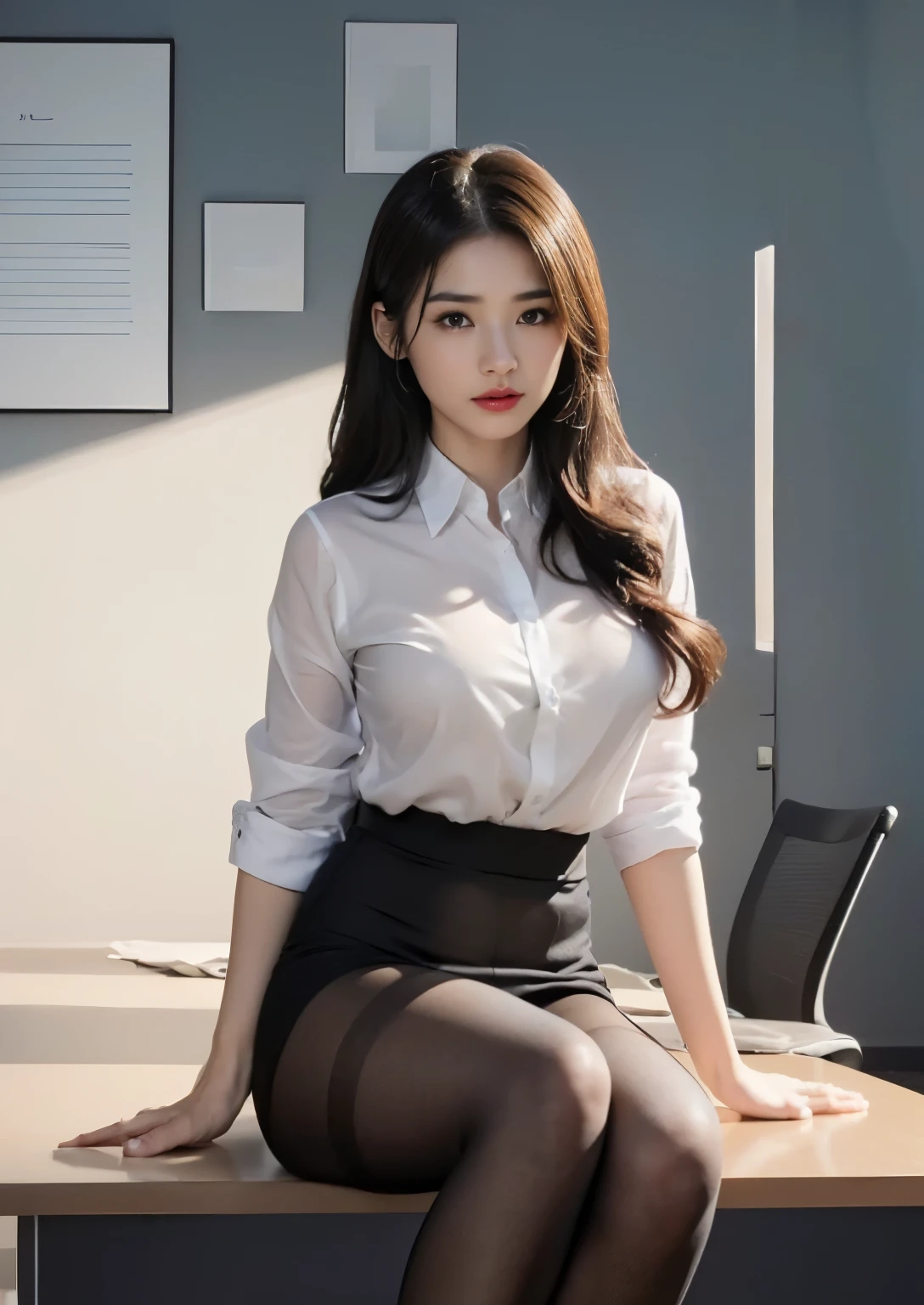 透けたnipple、beautiful nipples、(smile)、(nipple見え)、(translucent shirt:1.2)、(In 8K、highest quality、masterpiece:1.2)、(genuine、photogenuineistic:1.37)、Super detailed、1 girl、cute、、、beautiful detailed eyes、office、sitting、date、(blush your nose)、 (perfect beautiful face:1.15)、(closed mouth)、(細やかなbeautiful eyes)、(skeleton shirt:1.1)、daytime、、short cut hair、、white lace、(short hair:1.5)、floating hair、body、20 year old woman、brown hair、、brown eyes、small head、((M cup fashion girl、beautiful eyes、genuineな肌、fine eyes、、(No underwear:1.3)、、viewer、Beautiful face and breasts、, see-through shirt。the tip of the chest sticks out。Areola is protruding。(The shape of the genitals is clearly visible), lots of eyelashes。black eyeshadow。bright red lips。black sexy high heels。pubic hair。The lower abdomen is bristly。thin。thighs are open。pubic hairが非常に多い。nippleは非常に突き出ています, そして繊細なbody型、dark blue suit、camel'With toes、protruding pussy_nipple