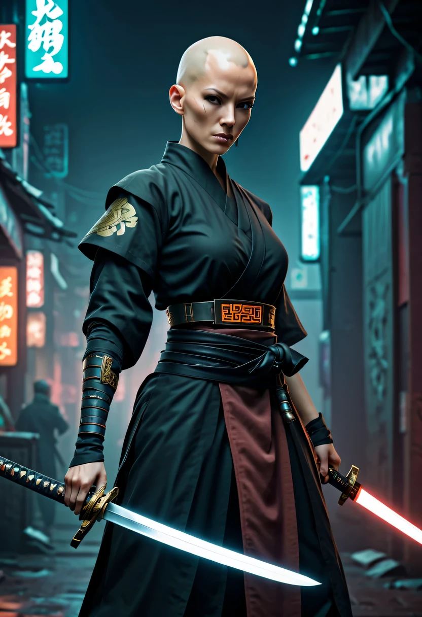 Samurai sword,sh4g0d style cyberpunk female warrior,(bald,monk:1.2),bushido,robe