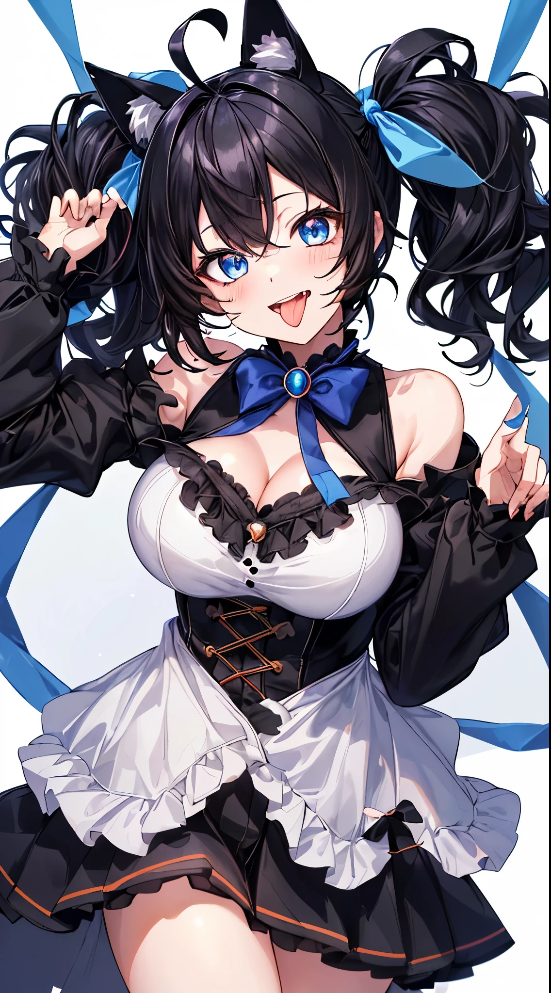 looking at the viewer, 1 girl, open your mouth, smile, Virtual YouTuber、with a girl、((highest quality, expensive_solve, clear_image)),(black hair), (black cat ears), (Ahoge), (ridiculously short hair), (wavy hair), (blue eyes),、laughter、very big breasts,valentine&#39;s day、stuck out tongue