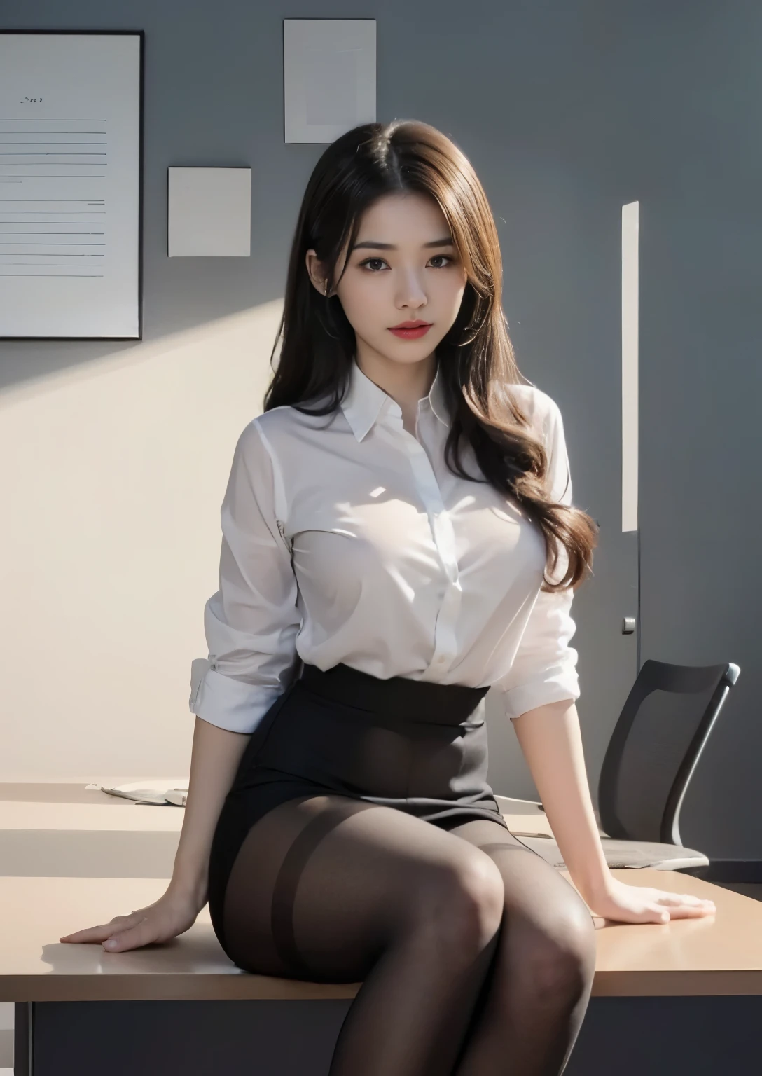 透けたnipple、beautiful nipples、(smile)、(nipple見え)、(translucent shirt:1.2)、(In 8K、highest quality、masterpiece:1.2)、(genuine、photogenuineistic:1.37)、Super detailed、1 girl、cute、、、beautiful detailed eyes、office、sitting、date、(blush your nose)、 (perfect beautiful face:1.15)、(closed mouth)、(細やかなbeautiful eyes)、(skeleton shirt:1.1)、daytime、、short cut hair、、white lace、(short hair:1.5)、floating hair、body、20 year old woman、brown hair、、brown eyes、small head、((M cup fashion girl、beautiful eyes、genuineな肌、fine eyes、、(No underwear:1.3)、、viewer、Beautiful face and breasts、, see-through shirt。the tip of the chest sticks out。Areola is protruding。(The shape of the genitals is clearly visible), lots of eyelashes。black eyeshadow。bright red lips。black sexy high heels。pubic hair。The lower abdomen is bristly。thin。thighs are open。pubic hairが非常に多い。nippleは非常に突き出ています, そして繊細なbody型、dark blue suit、camel'With toes、protruding pussy_nipple