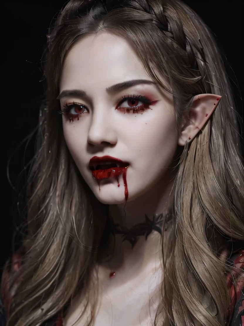 ((masterpiece、highest quality、Super detailed、High resolution、photorealistic、realistic、sharp focus、cinematic lighting))、Portrait of a female elf standing inside a castle、bust shot、focus from the chest up、high contrast、low brightness、beautiful female vampire、gray skin、heavy makeup、((wavy blonde hair))、red glowing eyes、cold look、grin and laugh、smile、 please open your mouth wide、drops of blood fall on the face、blood stains on the mouth、blood stains on chest、dark red lips、She is wearing a long gothic white dress.、Dark blue cloak、dark fantasy art、gothic art、night、dark atmosphere、view audience、Detailed depiction of hands、Bloody mouth、tooth