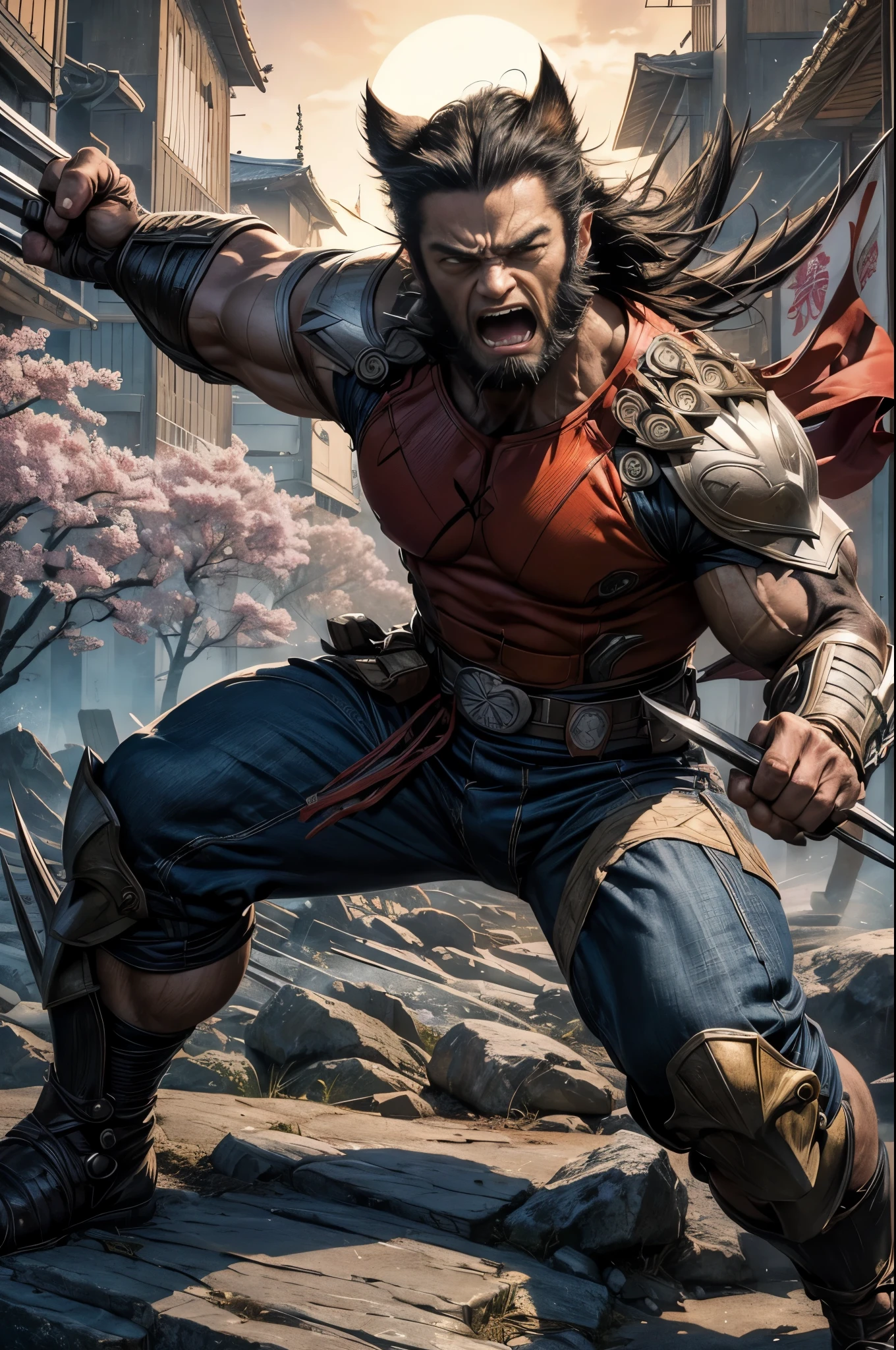 (best quality,4k,8k,highres,masterpiece:1.2),ultra-detailed,(realistic,photorealistic,photo-realistic:1.37),Wolverine in feudal Japan,armored like a traditional samurai,Wolverine with detailed eyes and face,Wolverine with retractable claws,Wolverine with longeyelashes,Wolverine with intense expression,Wolverine with determined look,Japanese landscape,illuminated by the setting sun,Wolverine holding a sword,Wolverine with sharp focus,Wolverine in a dynamic pose,Wolverine with intense battle scene,Wolverine fighting oni foes,Wolverine striking a powerful stance,Wolverine with a ferocious attack,Wolverine with a samurai helmet,Wolverine with a samurai mask,traditional Japanese architecture in the background,Wolverine with a heraldry banner on his back,beautifully decorated with intricate patterns,Wolverine surrounded by cherry blossom trees,vivid colors,adding depth and dimension to the scene,bokeh effect,enhancing the atmosphere,light and shadows on Wolverine's armor,creating a sense of realism,Japanese calligraphy on the banner,adding cultural elements,creating a sense of authenticity,traditional Japanese armor details on Wolverine's attire,creating a visual contrast between the modern and traditional,subtle textures on Wolverine's skin and armor,emphasizing the fine details of the artwork,subtle reflections on Wolverine's armor,adding a touch of realism,impressive sense of scale and power,imposing presence of Wolverine,creating a captivating and immersive experience.