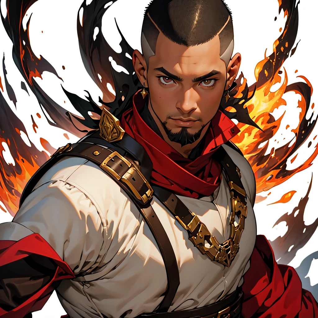 medieval anime art, masterpiece, best quality, by professional artist, male, solo, upper body portrait, detailed composition, detailed eyes, (((white background))), dark skinned, African, brown eyes, black hair, buzz cut, goatee, wearing red armor, fire magic