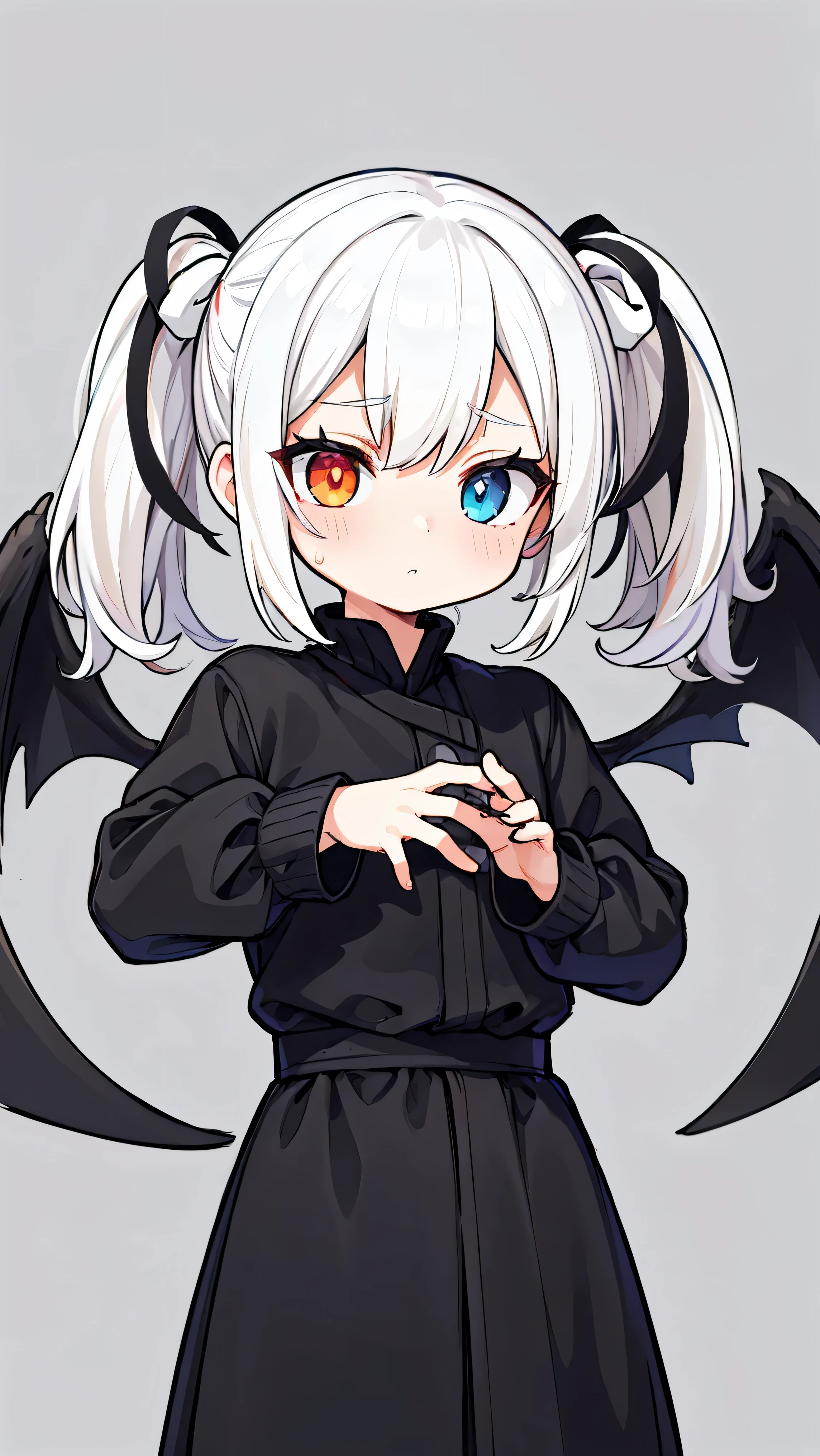 (masutepiece:1.3),(Best Quality:1.2),8K,absurderes,Unity 8K Wall Papper,(Extremely detailed:1.3),highest grade, Clothes are simple), (flat illustrations:1.4), (Best Impact:1.5), (minimalism:1.7), Vivid contrast, (Realistic), hyperrealistic illustrations, hight resolution, ultra-detailliert, absurderes, 1girl in, ,Heterochromia, ((Twin tails hairstyle:1.2)), ((spilt into two White hair, Black hair:1.5)), ((split theme, Angel,devil,Wings)),Split into two themed angels,devil,BREAK,bold outline,flat color,fine outline,black outline,flat, nice hands, perfect hands,