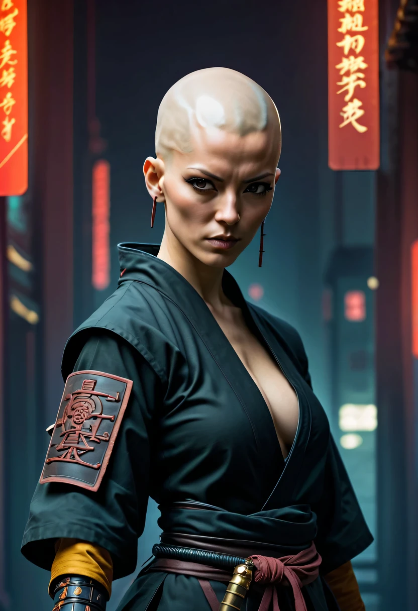 Samurai sword,sh4g0d style cyberpunk female warrior,(bald,monk:1.2),bushido,robe