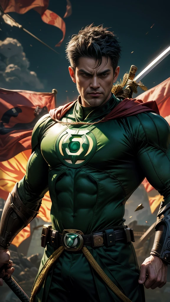 (a detailed scene,highres,realistic),Green Lantern as a traditional samurai, Heraldry banner on his back, Defeating oni foes, Sword and powers, Feudal Japan backdrop, Classic samurai armor, Dramatic lighting, Vibrant colors.