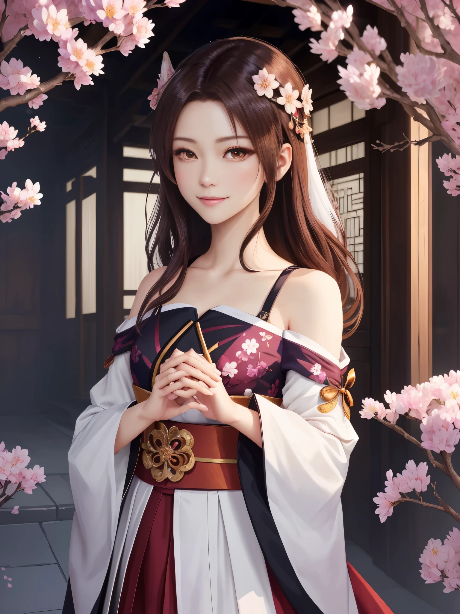 masterpiece , best quality,close up of face,smile,the whole body is facing forward,shoulder exposure,bright brown hair,slender body shape,brown eyes,sharp contrast,short hair,美しいフォルムのshort hair,just one person,precision quality,Faithfully reproduced eyes, 一面に咲くcherry blossom background,masterpiece, 幻想的なcherry blossom background,cherry blossom background,beautiful details, colorful, delicate details, delicate lips, intricate details, genuine, ultrargenuineista, 枝に座っている色とりどりの髪のFoxを持つ女の子:Mature, bright eyes, ,色とりどりのFox, raposa de nine tails, 三尾Fox, 三尾Fox, onmyoji detail art, beautiful fine art illustration, mythical creatures, Fox, beautiful digital art,shrine maiden,hold hands,exquisite digital illustration, mizutsune, Inspired by mythical wild web creatures, pixiv in digital art, shining light, high contrast, Mysterious,
