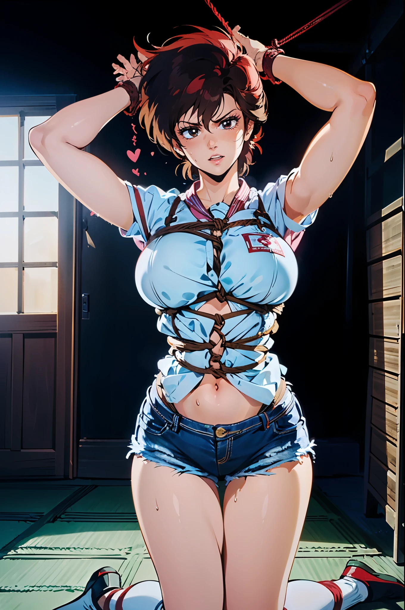 Masterpiece, Super Quality, Beautiful Details, Highly Detailed, 16K, Exquisite, High Resolution, Beautiful Background, Beautiful Eyes, Beautiful Skin, Anime Style, (Kaori was wearing a white denim jacket over blue denim jeans and a pink shirt) is restrained, enslaved, bound, drooling and glaring at the viewer), armband, bondage, armbinder, 1 woman, Kaori, ((pink shirt, white denim jacket, blue denim jeans) ( Muscular female slender body, beautiful big breasts, perfectly chiseled abs, beautiful long legs), perfect arms, perfect hands, perfect fingers, perfect anatomy, steamy, steamy, looking at the viewer , nsfw, shibari, japanese bondage, rope, ((((Rope restraints over clothes)))), ((Restraints, Arms Back: 1.4)), ((Rope restraints with hands behind the back)), ((Full body rope restraints)), ((Rope restraints that tighten the chest)), ((Rope restraints that dig into the crotch) ))) , ((Restraint with a rope that cannot be escaped)), (((Sweat, stuffiness, stuffiness))), Masterpiece, highest quality, wonderful, accurate and beautiful eyes, detailed,