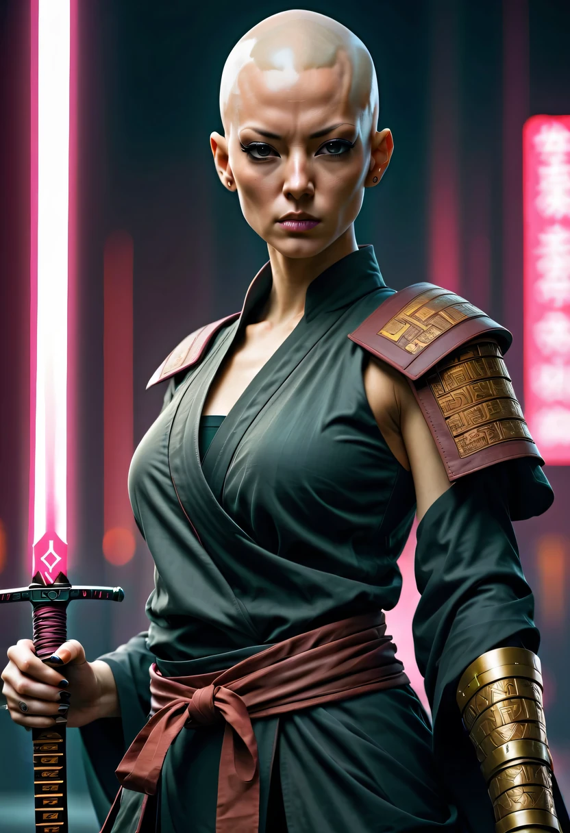 Samurai sword,sh4g0d style cyberpunk female warrior,(bald,monk:1.2),bushido,robe