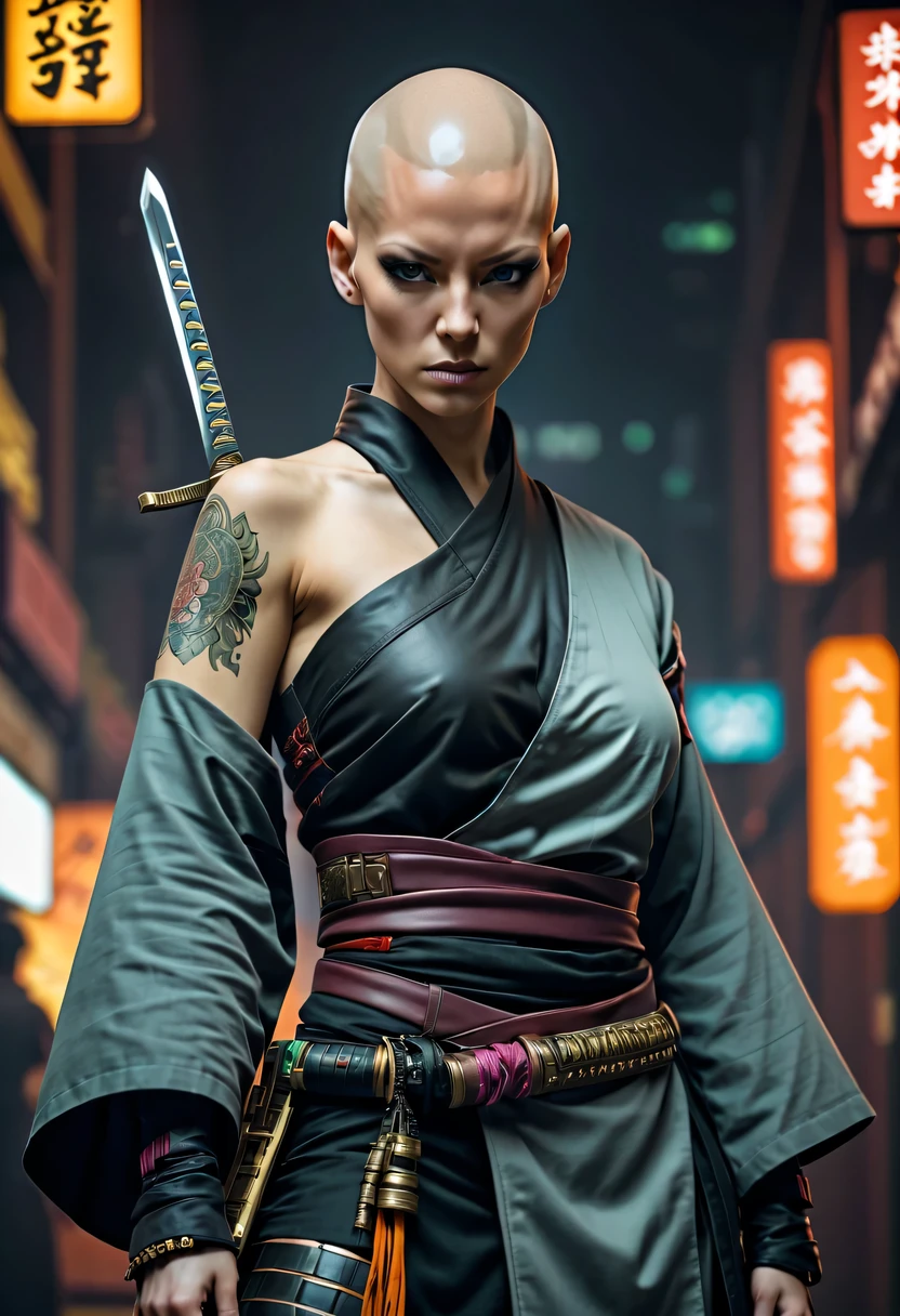 Samurai sword，sh4g0d style cyberpunk female warrior，(bald，monk:1.2),bushido,robe