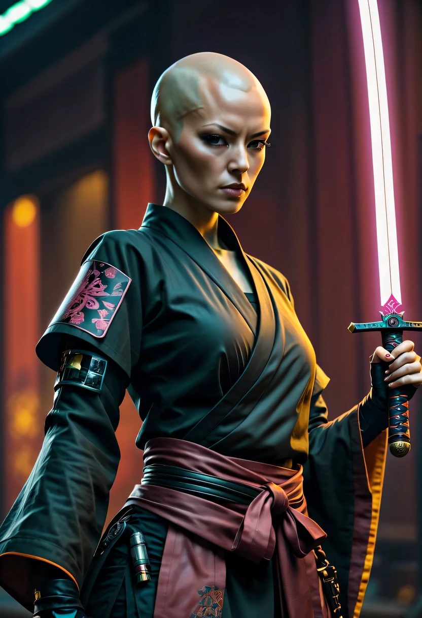 Samurai sword，sh4g0d style cyberpunk female warrior，(bald，monk:1.2),bushido,robe