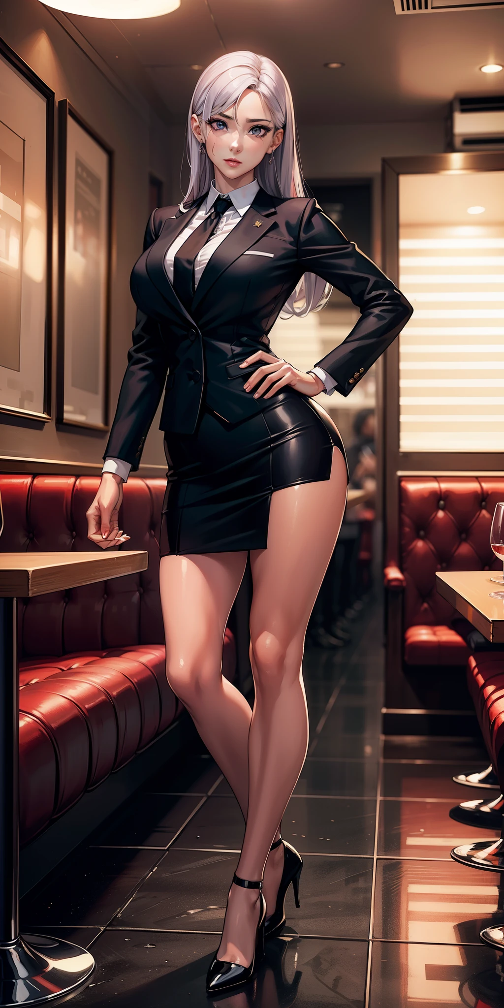 sakuyarindou768, mature female,(Wearing business outfit,formal jacket,neck tie, tie,white shirt, skirt, heels,High waist Skirt)( big perfect round breasts,hourglass body, thin waist,btpt-fc,Photo realistic, (hyperrealistic:1)beautiful, masterpiece, best quality, extremely detailed face, perfect lighting,detailed eye makeup, detail face, nice detailed eyes,nice hands, perfect hands (realistic pupils,realistic iris:1) heavy eye makeup (working at a restaurant, background restaurant)
