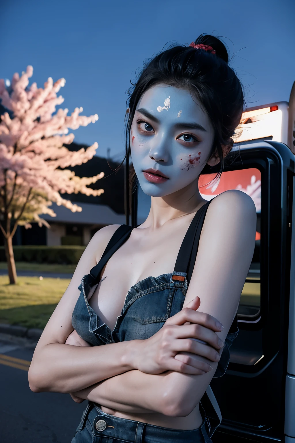 (masterpiece), (best quality), (ultra-detailed), sakura zombie, 1girl, zombie, blue skin, cowboy shot, outdoors, (truck:1.3), night