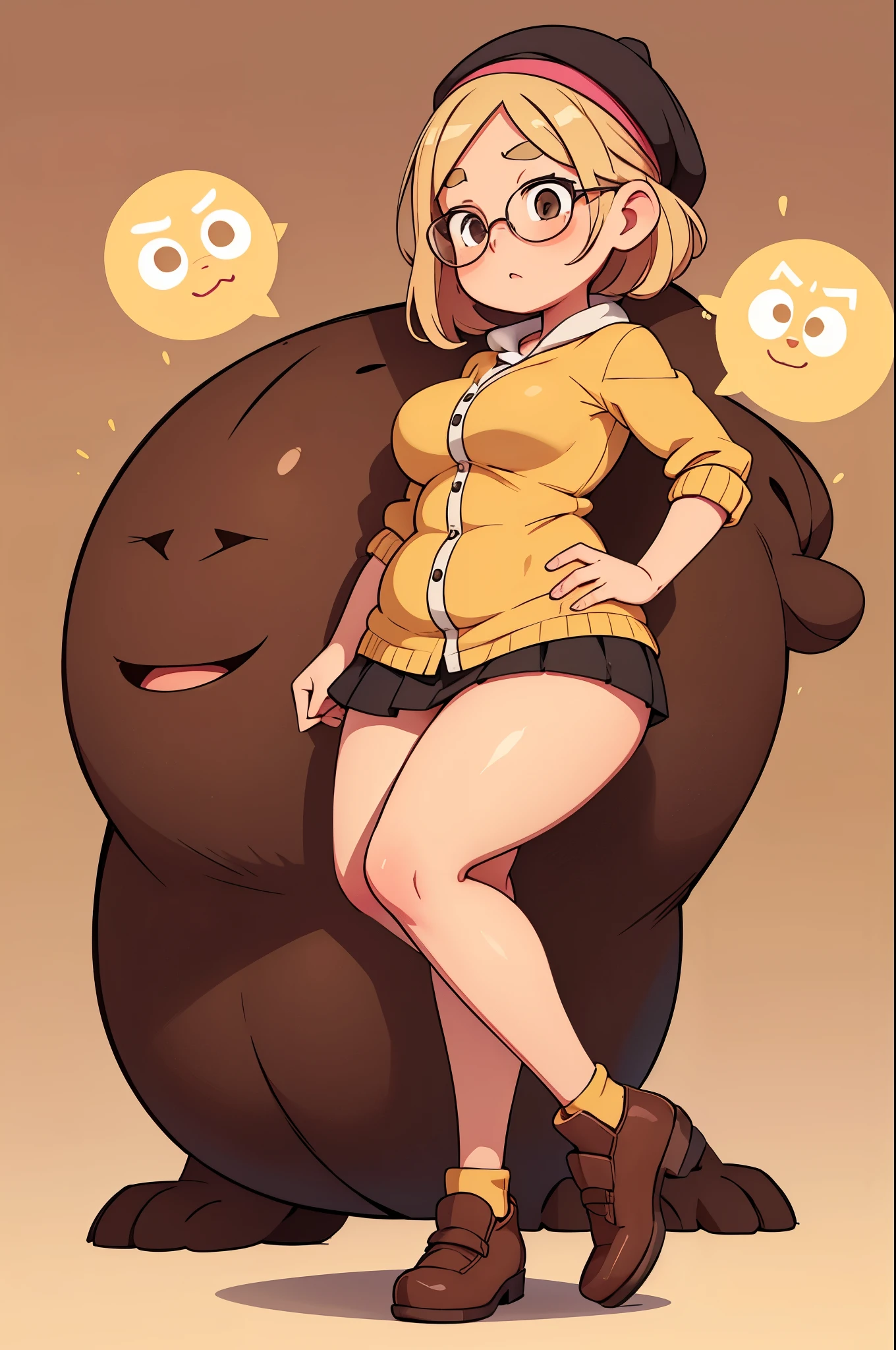 Drawing of a pudgy, tall teenage girl with rosy cheeks; brown eyes; creamy blonde hair. She is wearing rounded black dress shoes; she has very muscular, toned feet and legs. Her legs are fat, meaty, voluptuous, curvaceous, long, Rubenesque and plump. She is wearing a yellow cardigan, a beanie, circular glasses, a brown miniskirt and a pink kawaii beret. She is posing with one leg forward with both hands on her hips proudly. Her panties are slightly showing. 