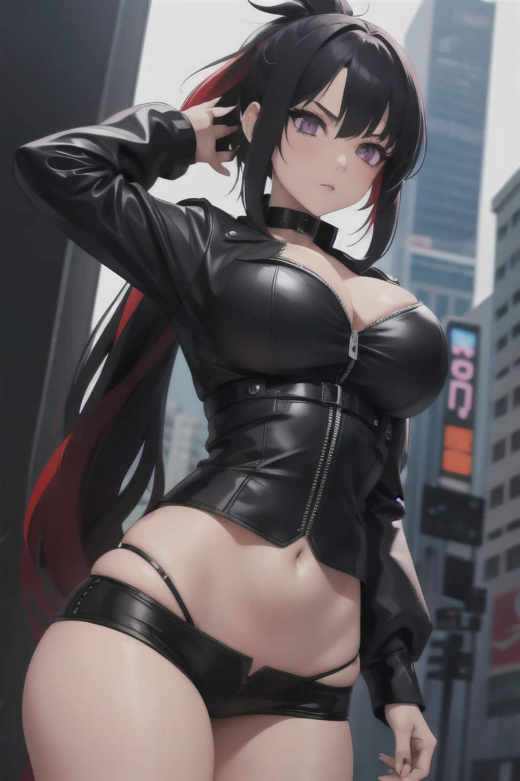 a woman standing outside, punk style outfit, seductive anime girl, beautiful goth anime girl, detailed digital anime art, black and red hair, goth anime girl with black hair and red hair, black hair with red highlights, beautiful anime girl, beautiful alluring anime woman, masterpiece, detailed hands, medium length hair with red highlights, hair tied up, detailed face, thigh focus, symmetrical eyes, detailed eyes, prominent pupil, 8k eyes, purple eyes, 