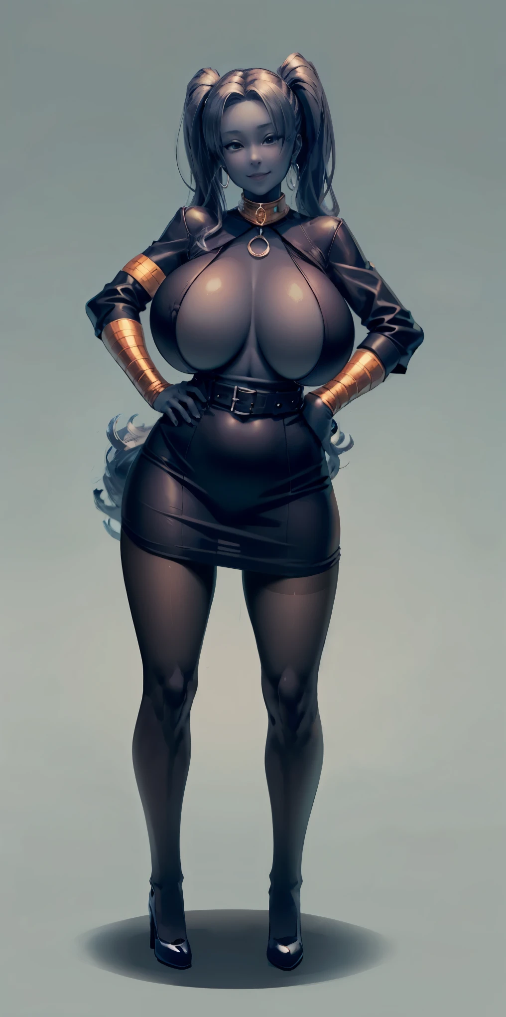 full body standing straight symmetrical, huge boob(masterpiece, best quality:1.2), cowboy shot, solo, 1MILF, mmplatz, smile, looking at viewer, hands on hips, twintails, twin drills, dress, blue pantyhose, striped pantyhose, Handcuffs on their hands, With a collar around the neck