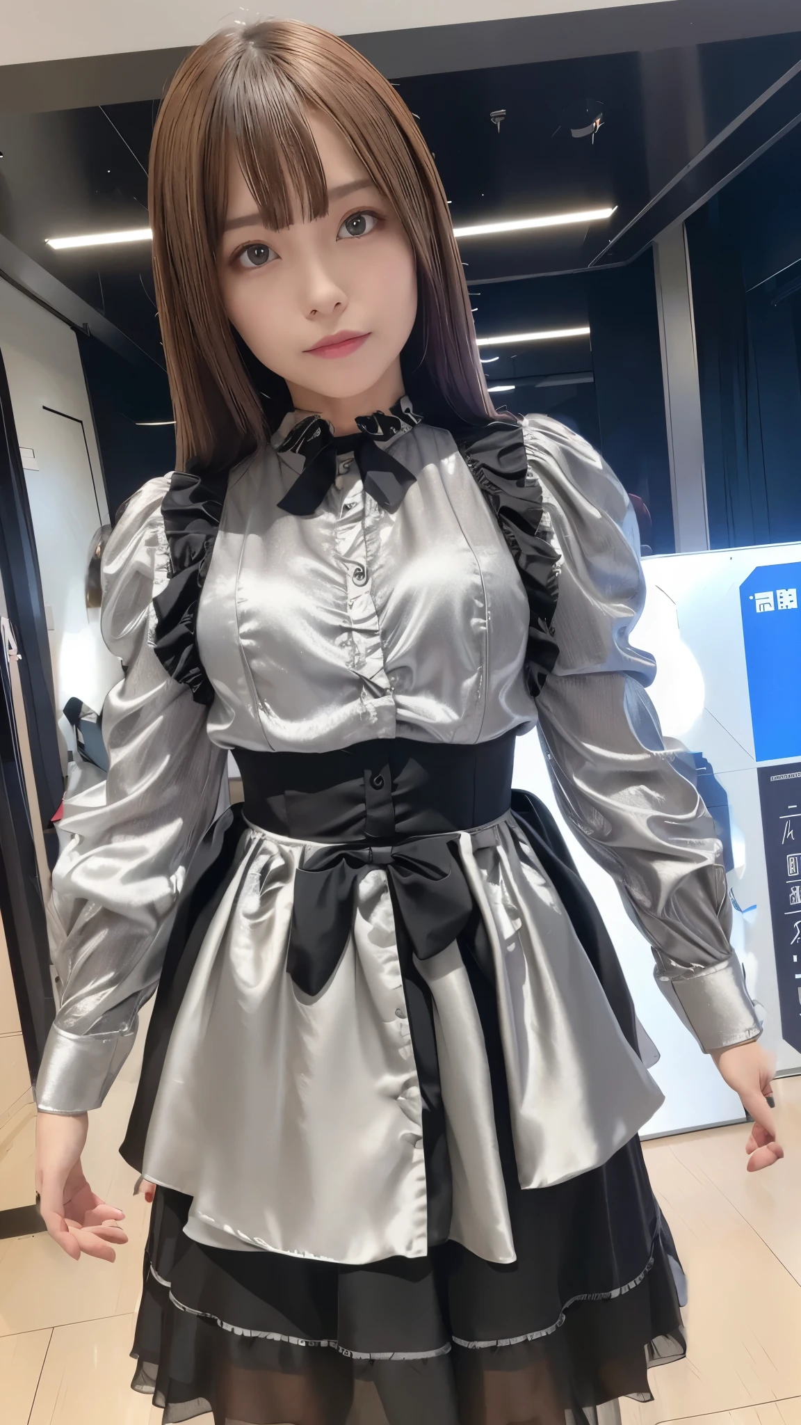 Silver satin ruffled blouse, black skirt