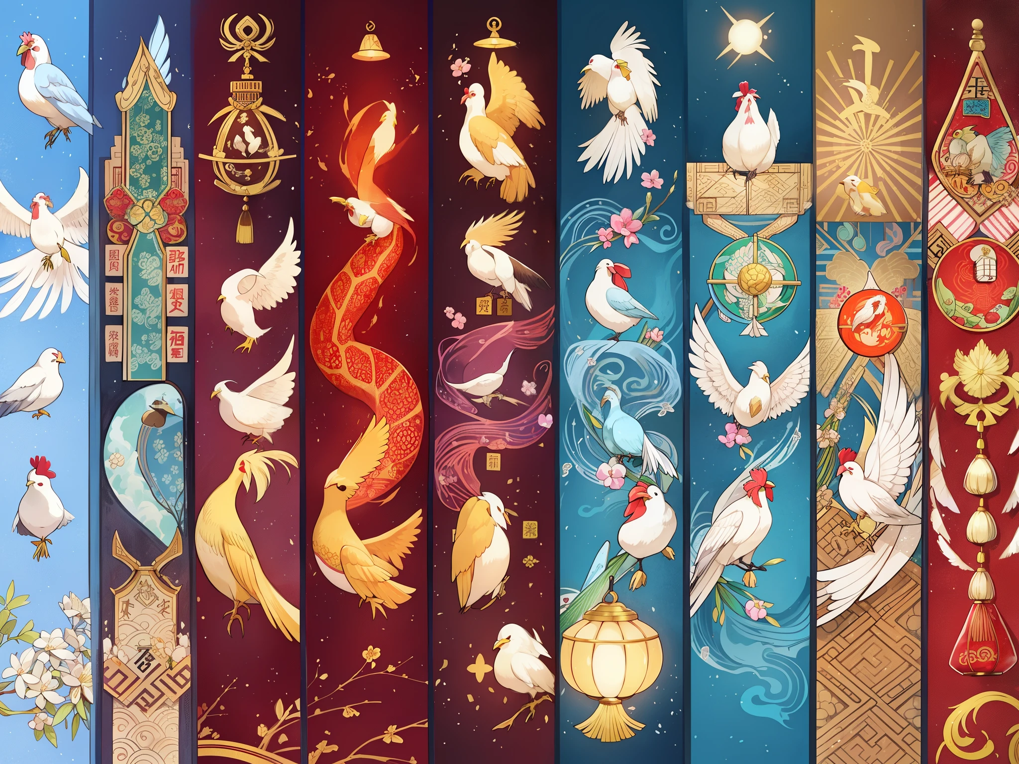 Phoenix、legendary bird of chinese mythology、It is a spiritual bird。The head is a chicken、The nod is a swallow、The neck is a snake、The back of a turtle、the tail is a fishで、The colors are black, white, red, blue, and yellow.、The height is said to be about six feet.[1]。『Sankai Sutra』「Nanzan Sutra」Well then鶏に似ており、On the neck「virtue」、on the wings「righteous」、on the back「Thank you」、in my chest「Benevolence」、On the belly「letter」It was said that there was a crest of。Later Han dictionary『Explain words』Well then、Kou in front、After that, Rin、The neck is a snake、the tail is a fish、The color is red、The mouth is a duck、The pattern is a dragon、The back of a tiger、The nod is a swallow、The chicken is a chickenと記された。Established during the Southern Dynasty『Song Shu』巻二十八志第十八Well then、head of snake、The nod is a swallow、The back of a turtle、Belly is a tortoise、The neck is a crane、The chicken is a chicken、The front part is kono、the tail is a fishに似ており、head is blue（green）、It is said that the wings are lined up。With Kirin, Reiki, and Oryu「four spirits」、Phoenixの別名としては、Unsaku、skylark、Ye Lulang、Huoli、five spirits、Benevolence智禽、Tanzan Hermit、long distance、friend、There are Akeoka Koji etc.。黄鳥・狂鳥・孟鳥・夢鳥などもPhoenixと同一とする説もある