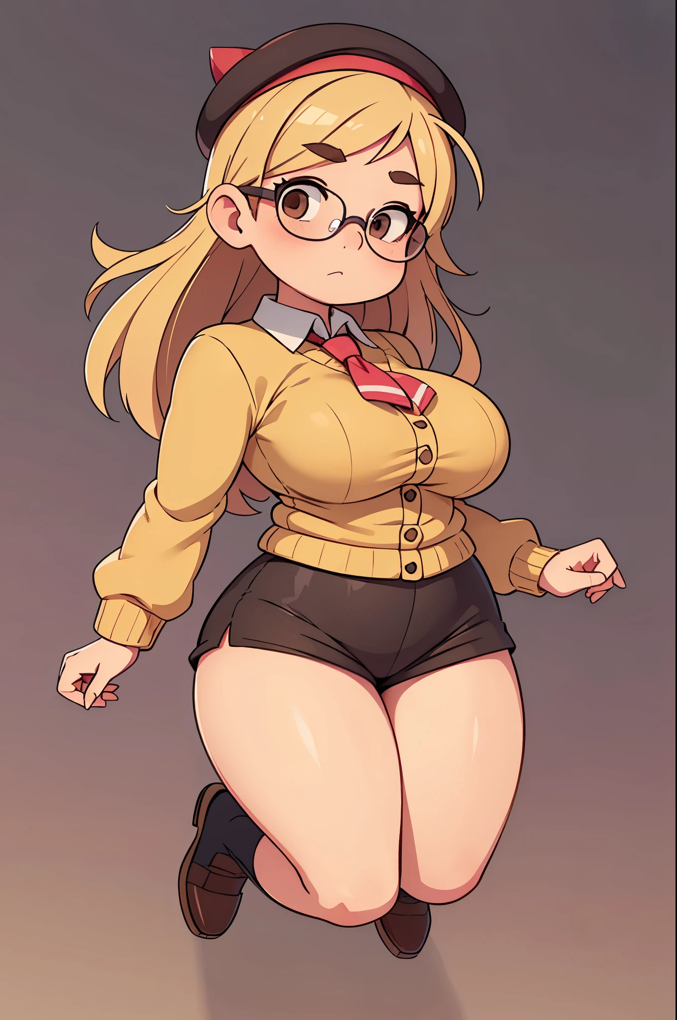 Drawing of a pudgy, tall age girl with rosy cheeks; brown eyes; creamy blonde hair. She is wearing rounded black dress shoes; she has very muscular, toned feet and legs. Her legs are fat, meaty, voluptuous, curvaceous, long, Rubenesque and plump. She is wearing a yellow cardigan, a beanie, circular glasses, a brown miniskirt and a pink kawaii beret. She is posing with one leg forward with both hands on her hips proudly. Her panties are slightly showing.