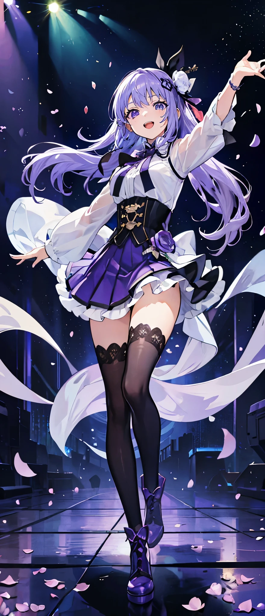 (muste piece), (best quality), very detailed, ((1 girl)), solo full body shot,Viewer's perspective,dynamic,jump,(smile),wink,perfect face, beautiful face, very detailedな顔,((light purple hair long hair_purple eyes:1.3)),Gorgeous idol costumes,ruffle skirt,solo idol,ribbon hair ornament,ribbon boots,knee high socks,concert dome,live,have a microphone,singing,smiling with mouth wide open,Laser Light,Spotlight,Lots of confetti、A large amount of petals dance