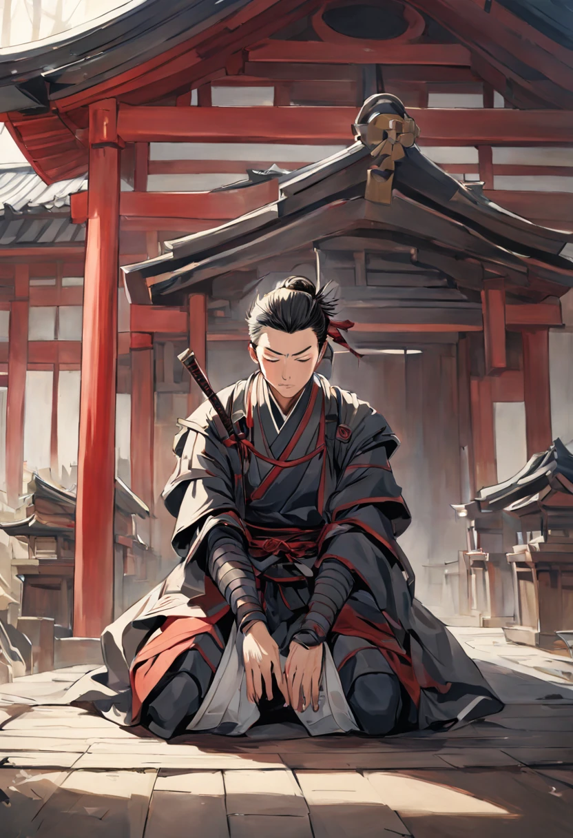1 men, samurai, seiza, whole body, closed eyes, shinto shrine, oil painting, japanese,