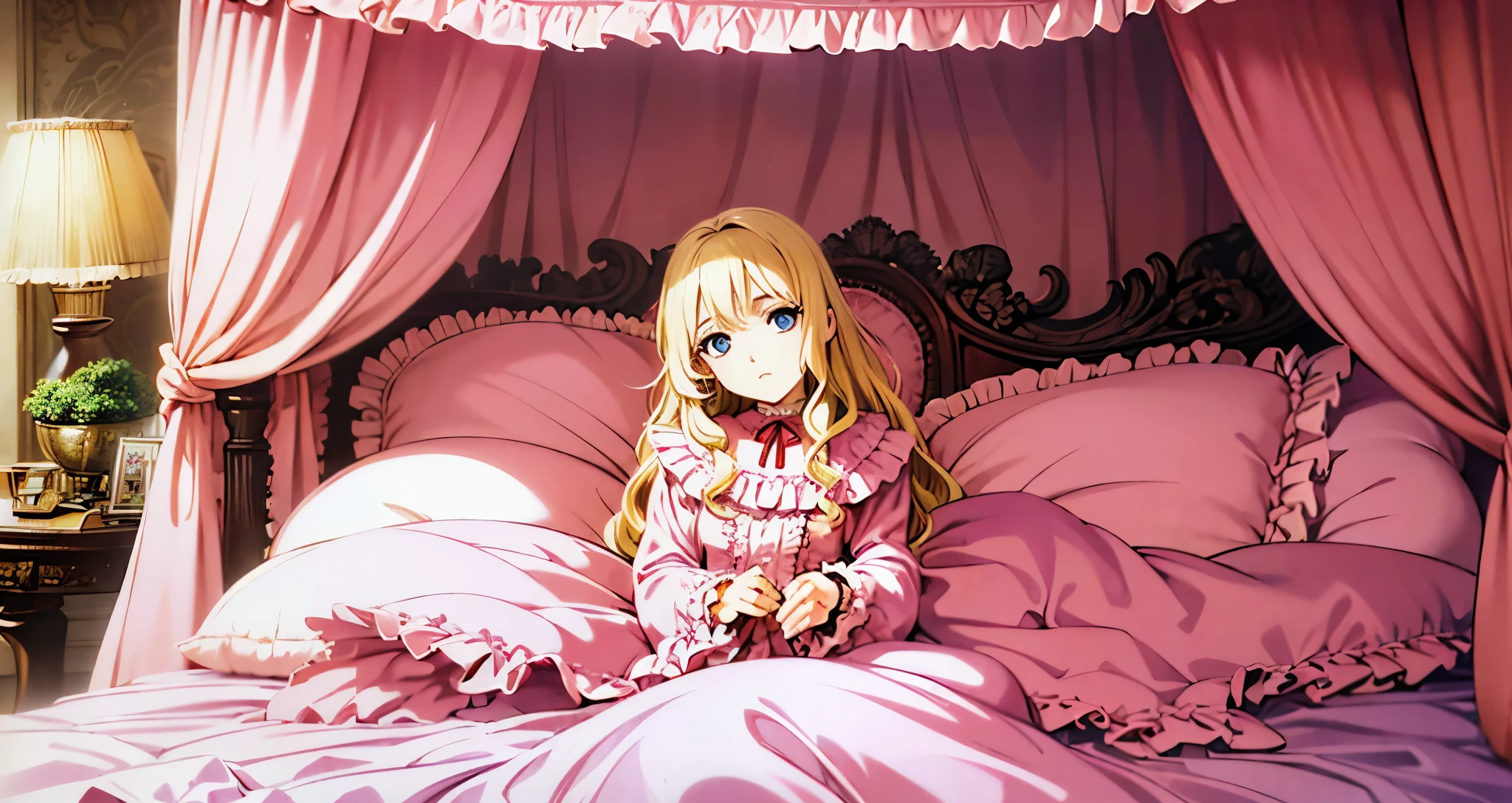 ,highest quality, masterpiece, highest resolution, artwork, super それにget used to it, many get used to it, get used to it, それにget used to it, 3K anime illustration,(( 10 year old girl)),Super detailed baby face,high quality small face,long blonde hair that grows to the waist,blue eyes,白い肌のeuropean,pajamas, european,(((super long blonde hair))),curly hair,blue eyes,((((ピンクのロリータファッションのlong skirtのワンピースドレス)))),((Pink dress with plenty of frills and ribbons)),((Luxurious headdress with frills and ribbons)),Detailed headdress,,(((big yoke collar))),Yoke collar with ruffles and ribbons,((((long sleeve)))),ruffle sleeves,((((long skirt)))),white ruffle and lace socks,large frill and ribbon pillow,(((fine pink costume))),豪華なcanopy bedの上,canopy bed,The bed is surrounded by luxurious curtains,many frilly pillows on the bed,A lot of frilly pillows behind the girl,super detailed background,detailed bed,soft pink comforter,Super detailed soft ruffle pillow,Beautiful girl illustration,detailed beautiful face,detailed hair,detailed eye ,detailed eyes,detailed mouth, arm details,fine hands,Detailed pillow,wide bed,Illustration on the bed, ,((((round futon)))),((((A large ruffled futon that covers the entire bed)))),detailed comforter,detailed bedシーツ,Before bedtime,romantic atmosphere,palace bedroom,((((The lower half of the body is hidden under the futon and the puffy skirt...)))) The girl is leaning on a pile of pillows, ,((((round futon)))),((((A large futon with frills that covers the entire bed)))),