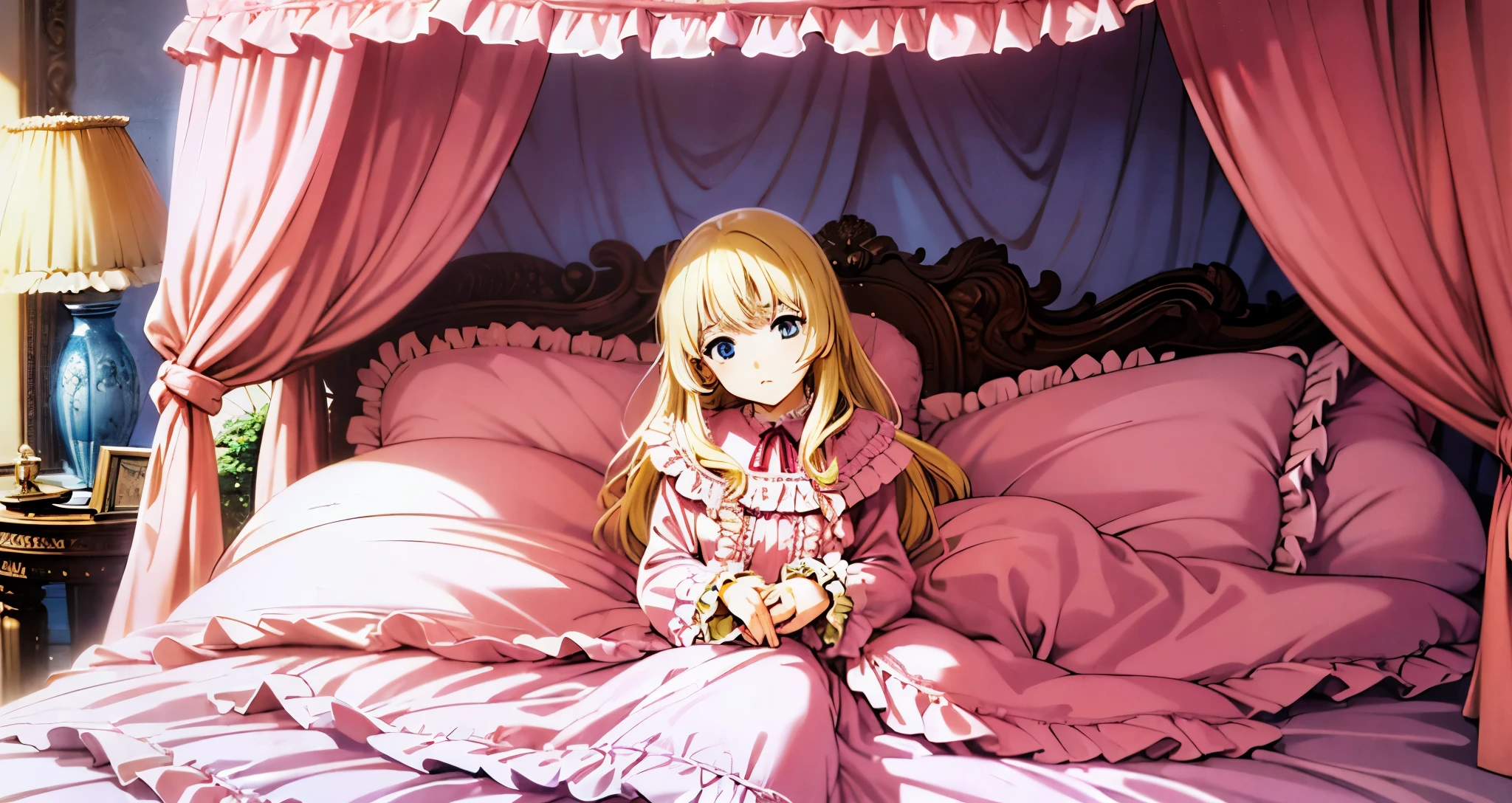 ,highest quality, masterpiece, highest resolution, artwork, super それにget used to it, many get used to it, get used to it, それにget used to it, 3K anime illustration,(( 10 year old girl)),Super detailed baby face,high quality small face,long blonde hair that grows to the waist,blue eyes,白い肌のeuropean,pajamas, european,(((super long blonde hair))),curly hair,blue eyes,((((ピンクのロリータファッションのlong skirtのワンピースドレス)))),((Pink dress with plenty of frills and ribbons)),((Luxurious headdress with frills and ribbons)),Detailed headdress,,(((big yoke collar))),Yoke collar with ruffles and ribbons,((((long sleeve)))),ruffle sleeves,((((long skirt)))),white ruffle and lace socks,large frill and ribbon pillow,(((fine pink costume))),豪華なcanopy bedの上,canopy bed,The bed is surrounded by luxurious curtains,many frilly pillows on the bed,A lot of frilly pillows behind the girl,super detailed background,detailed bed,soft pink comforter,Super detailed soft ruffle pillow,Beautiful girl illustration,detailed beautiful face,detailed hair,detailed eye ,detailed eyes,detailed mouth, arm details,fine hands,Detailed pillow,wide bed,Illustration on the bed, ,((((round futon)))),((((A large ruffled futon that covers the entire bed)))),detailed comforter,detailed bedシーツ,Before bedtime,romantic atmosphere,palace bedroom,((((The lower half of the body is hidden under the futon and the puffy skirt...)))) The girl is leaning on a pile of pillows, ,((((round futon)))),((((A large futon with frills that covers the entire bed)))),