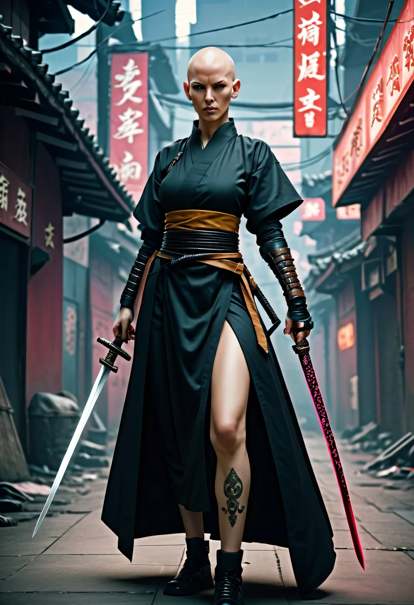 Samurai sword,sh4g0d style cyberpunk female warrior,(bald,monk:1.2),bushido,robe